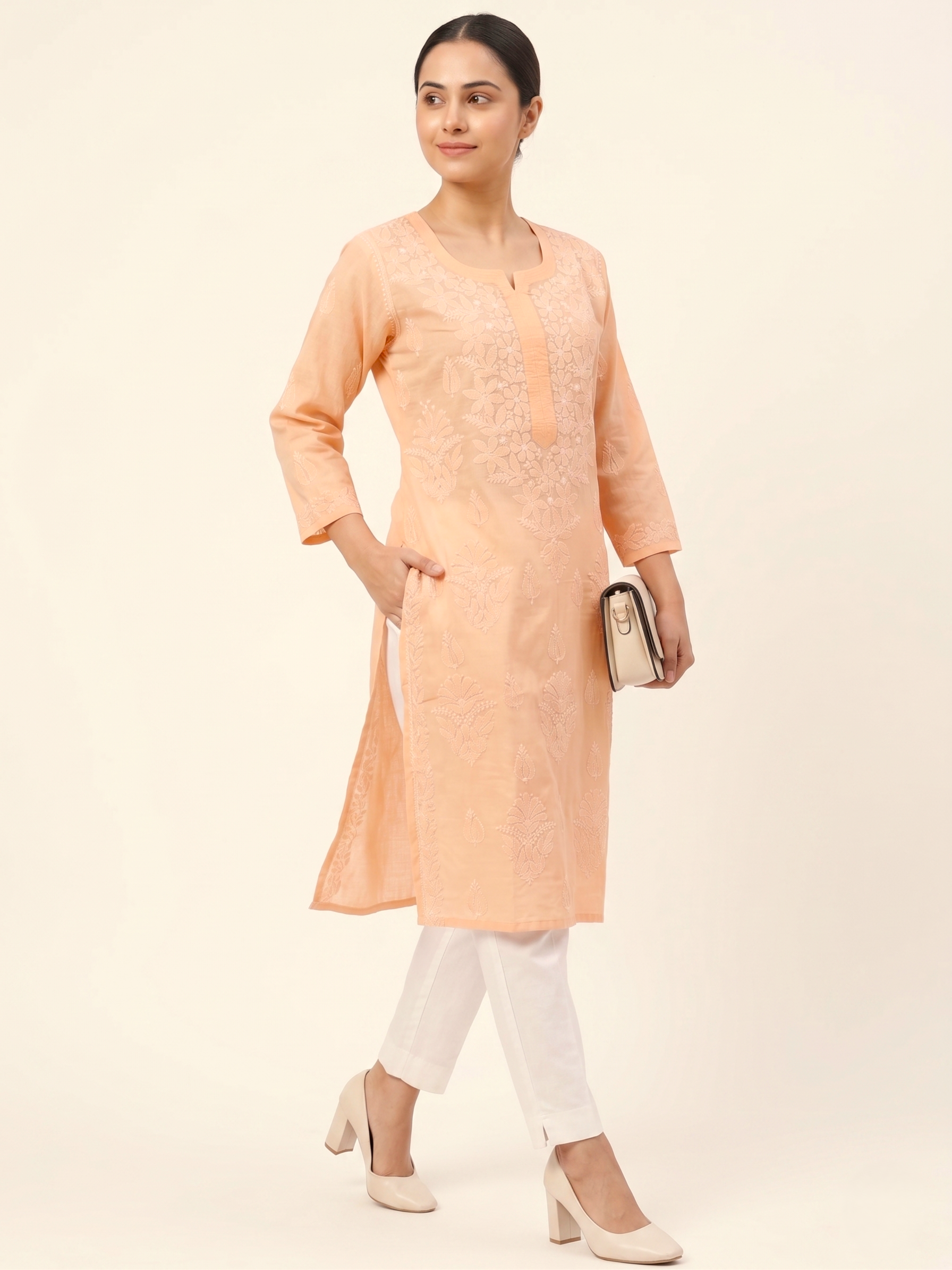 Hand Embroidered Orange cotton chikankari