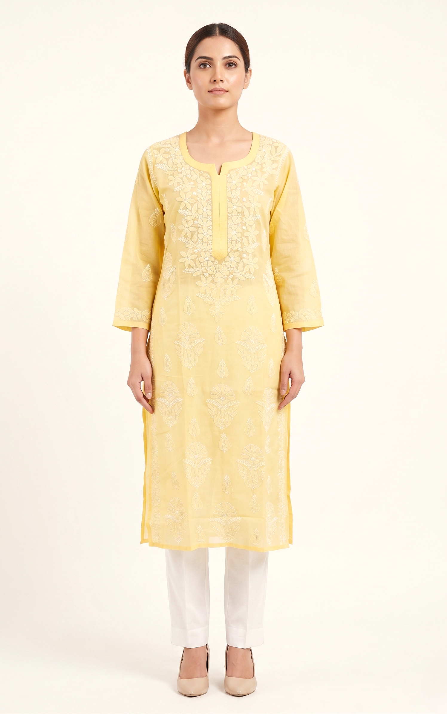Hand Embroidered Yellow cotton chikankari