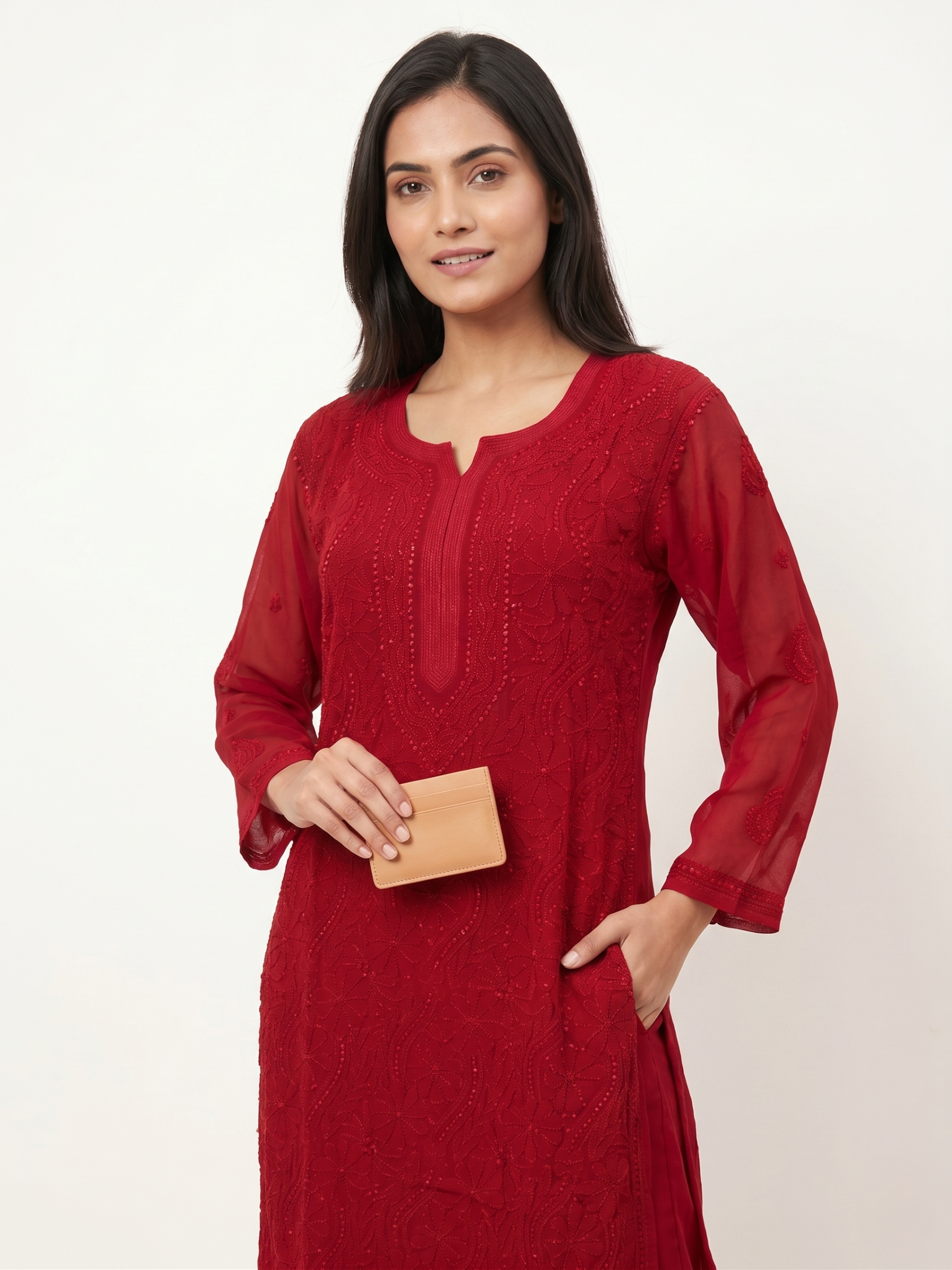 Maroon Ethnic Motifs Embroidered Chikankari Georgette Kurta