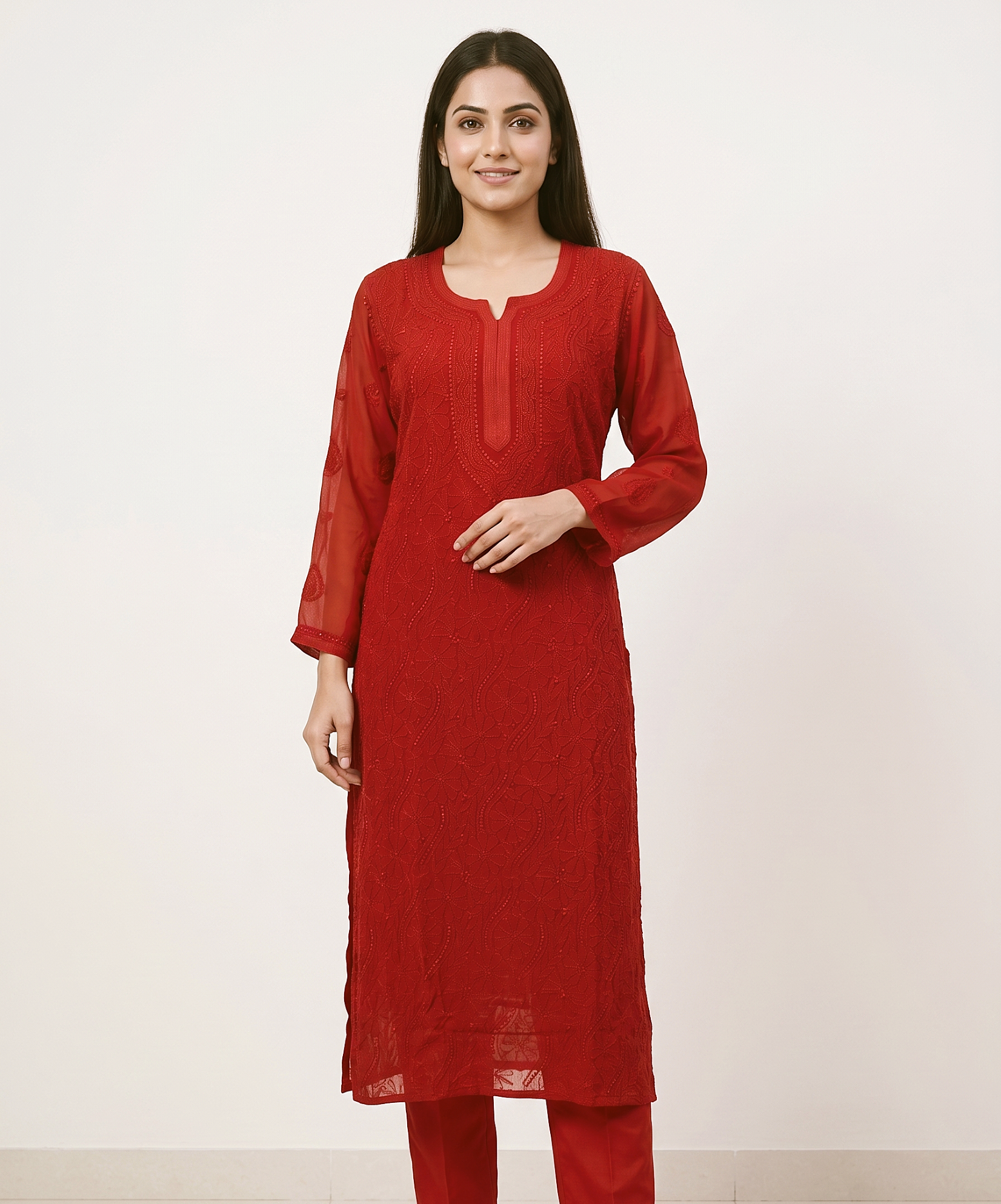 Maroon Ethnic Motifs Embroidered Chikankari Georgette Kurta