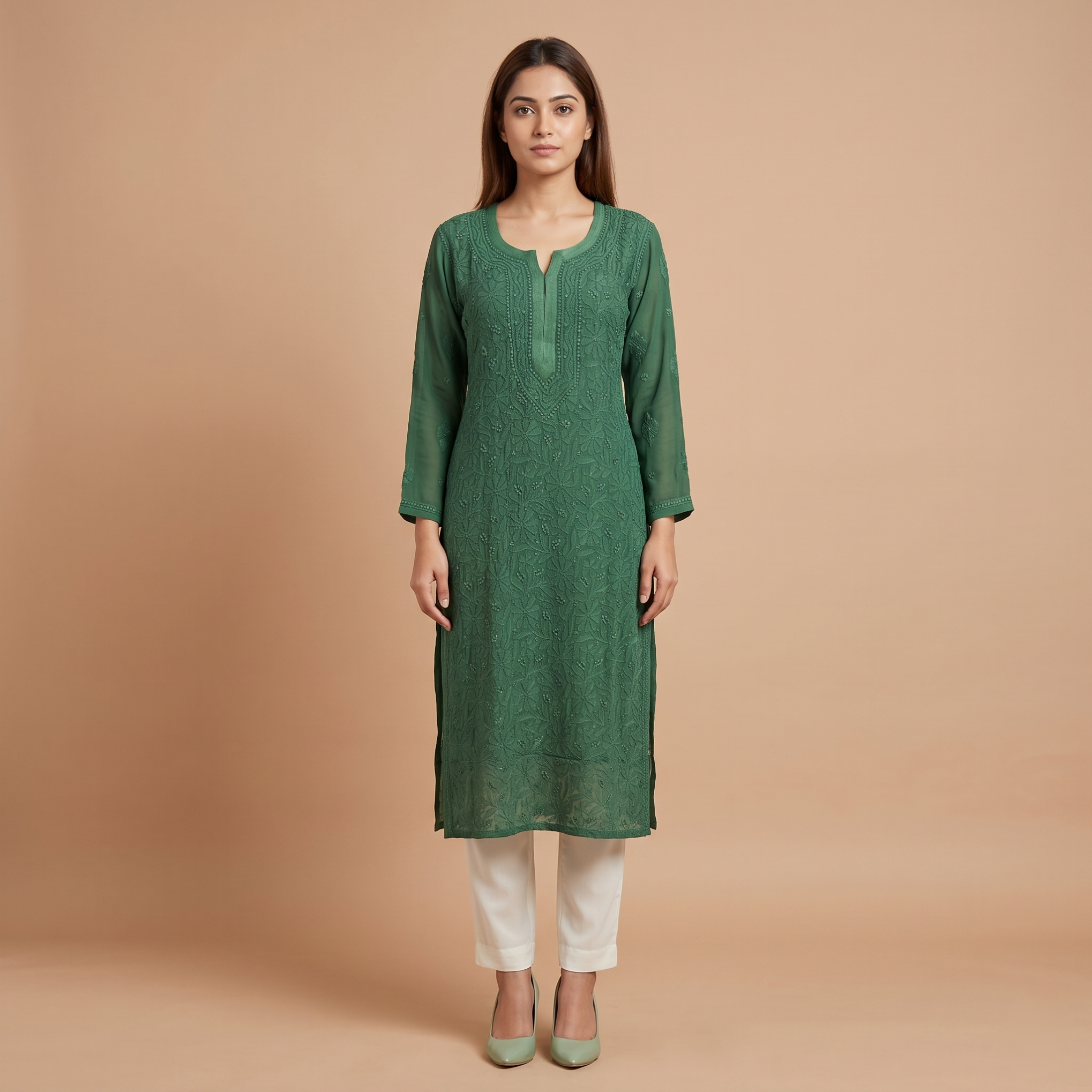 Green Ethnic Motifs Embroidered Chikankari Georgette Kurta