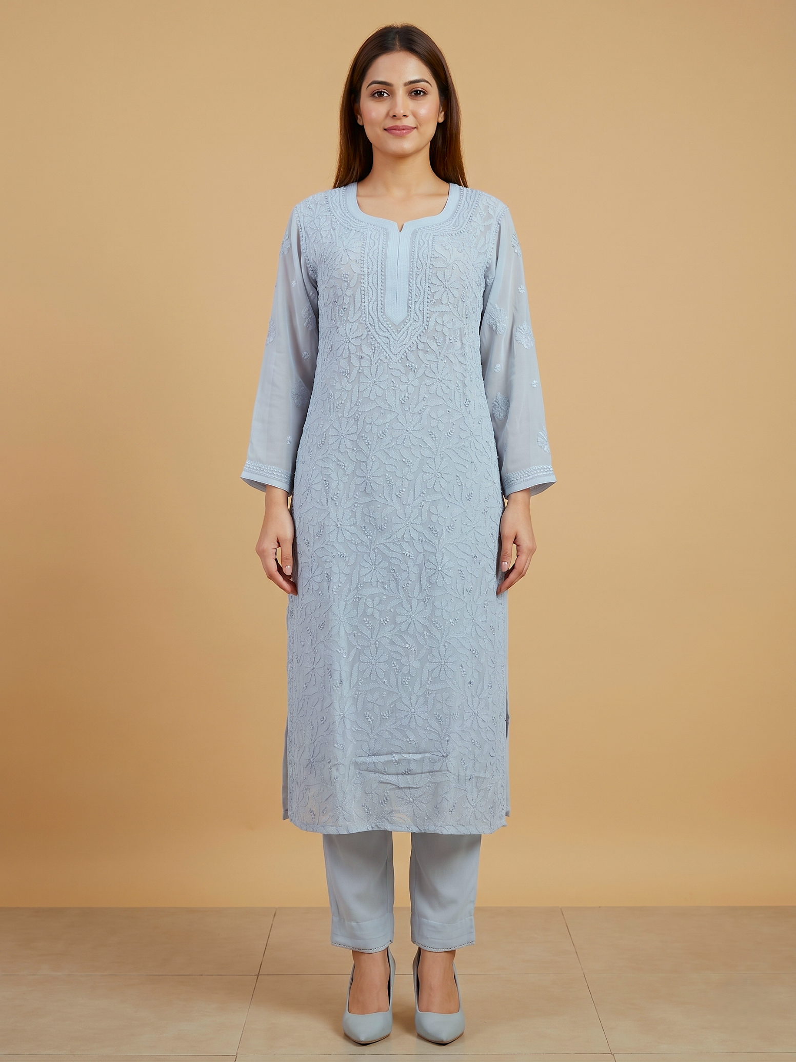 Light blue Ethnic Motifs Embroidered Chikankari Georgette Kurta