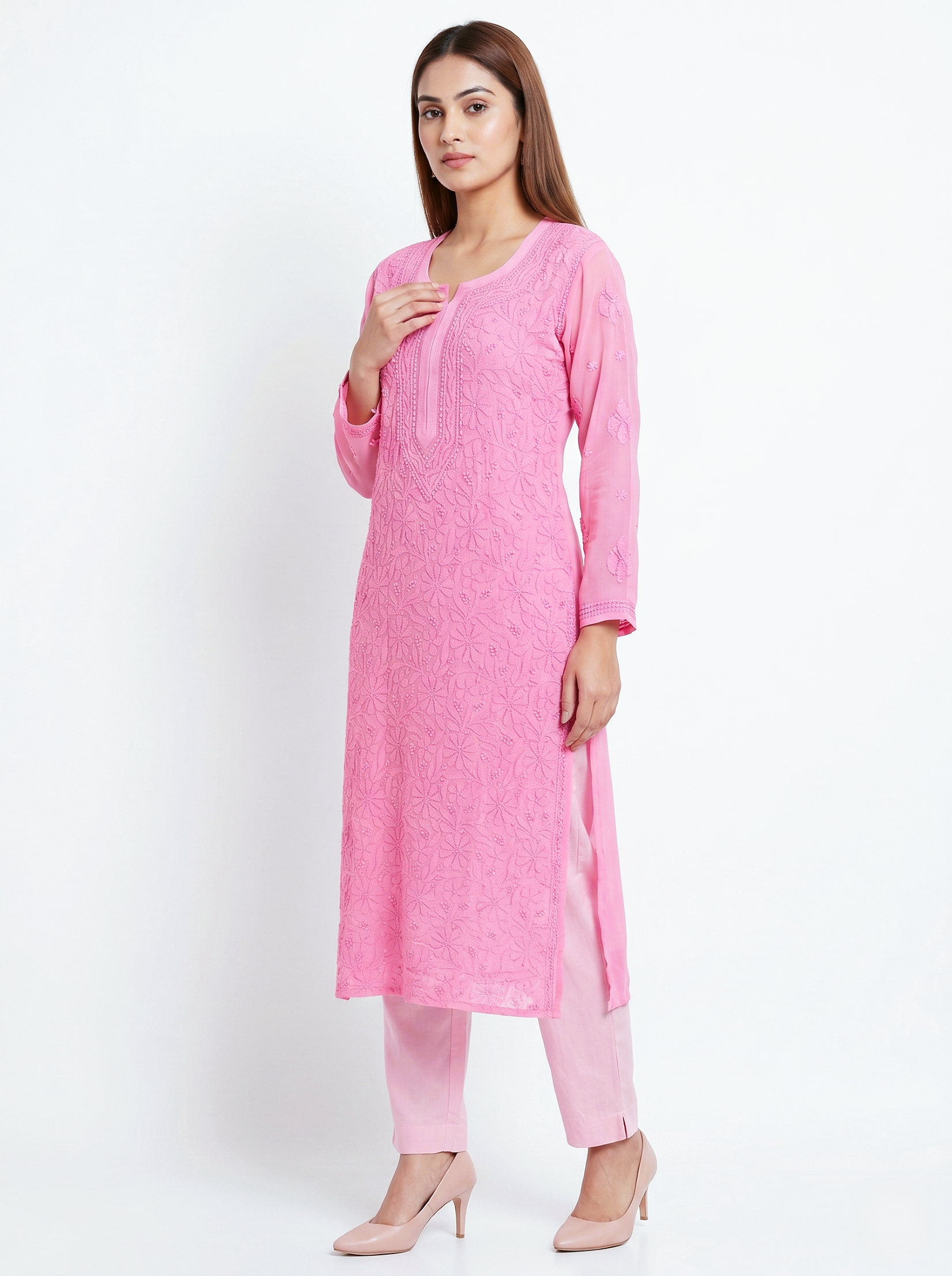Baby Pink Ethnic Motifs Embroidered Chikankari Georgette Kurta