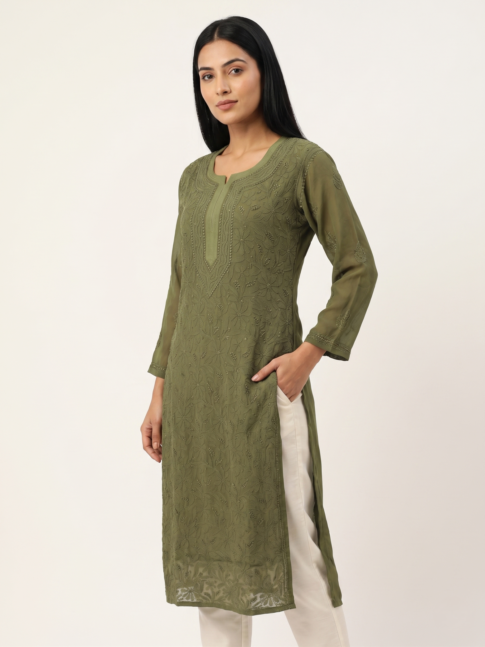Dark Green Ethnic Motifs Embroidered Chikankari Georgette Kurta