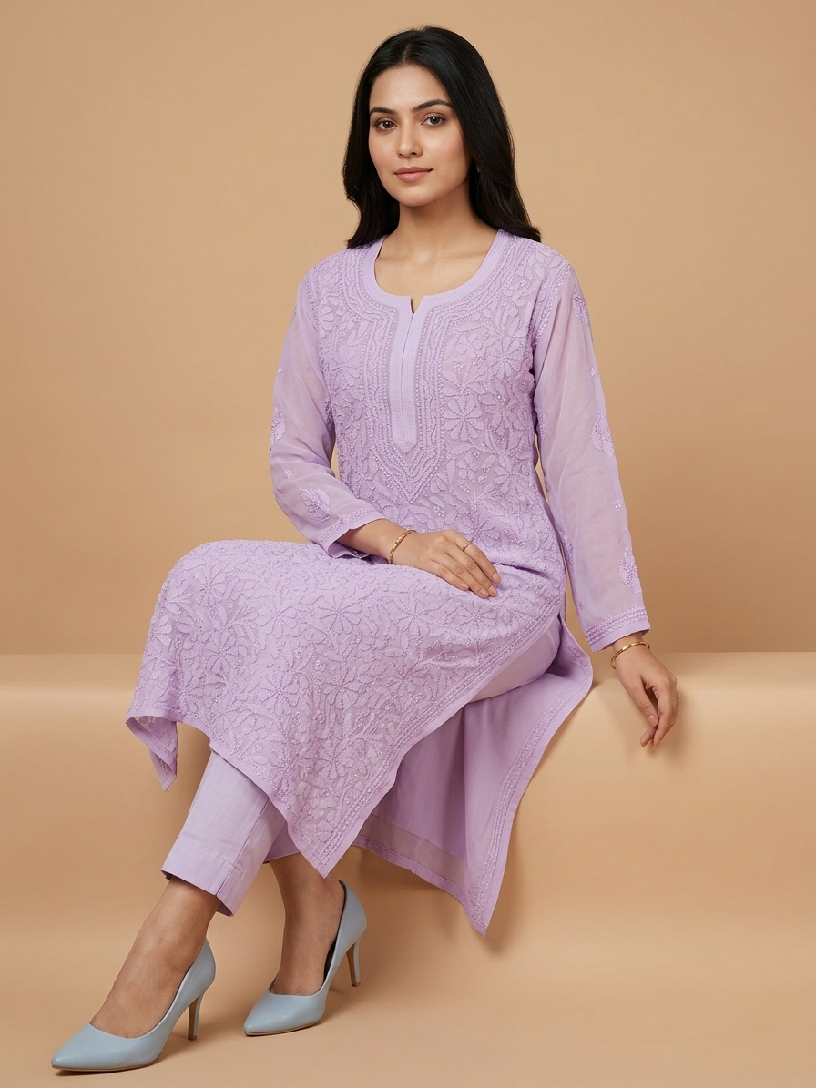 Lavender Ethnic Motifs Embroidered Chikankari Georgette Kurta