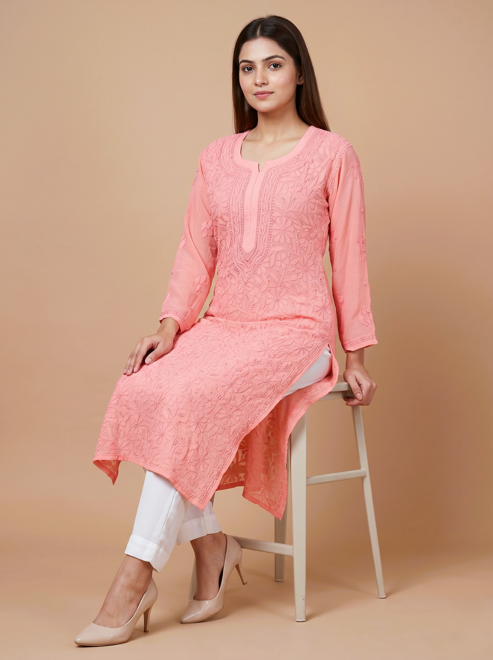 Peach Ethnic Motifs Embroidered Chikankari Georgette Kurta