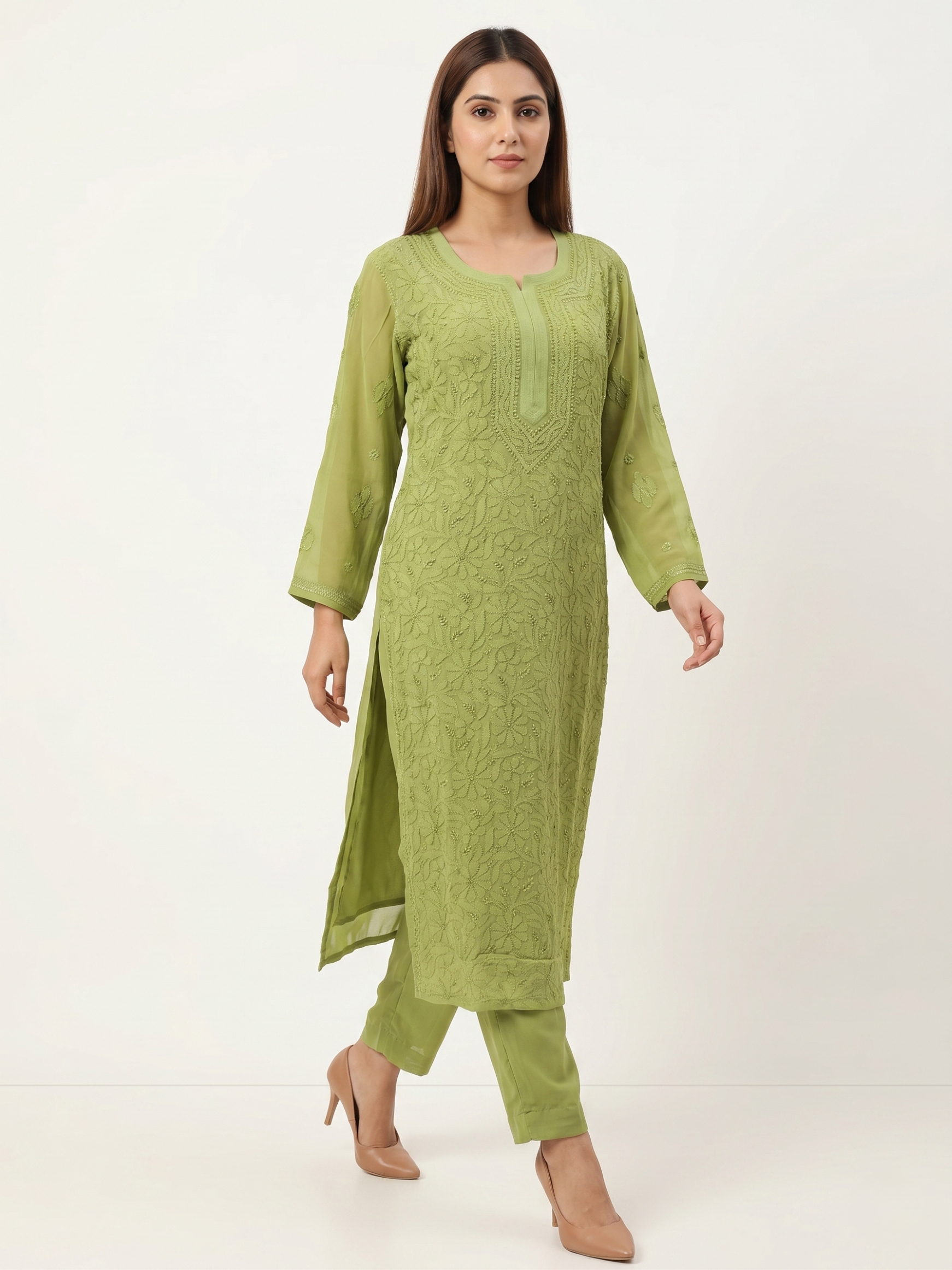 Light Green Ethnic Motifs Embroidered Chikankari Georgette Kurta