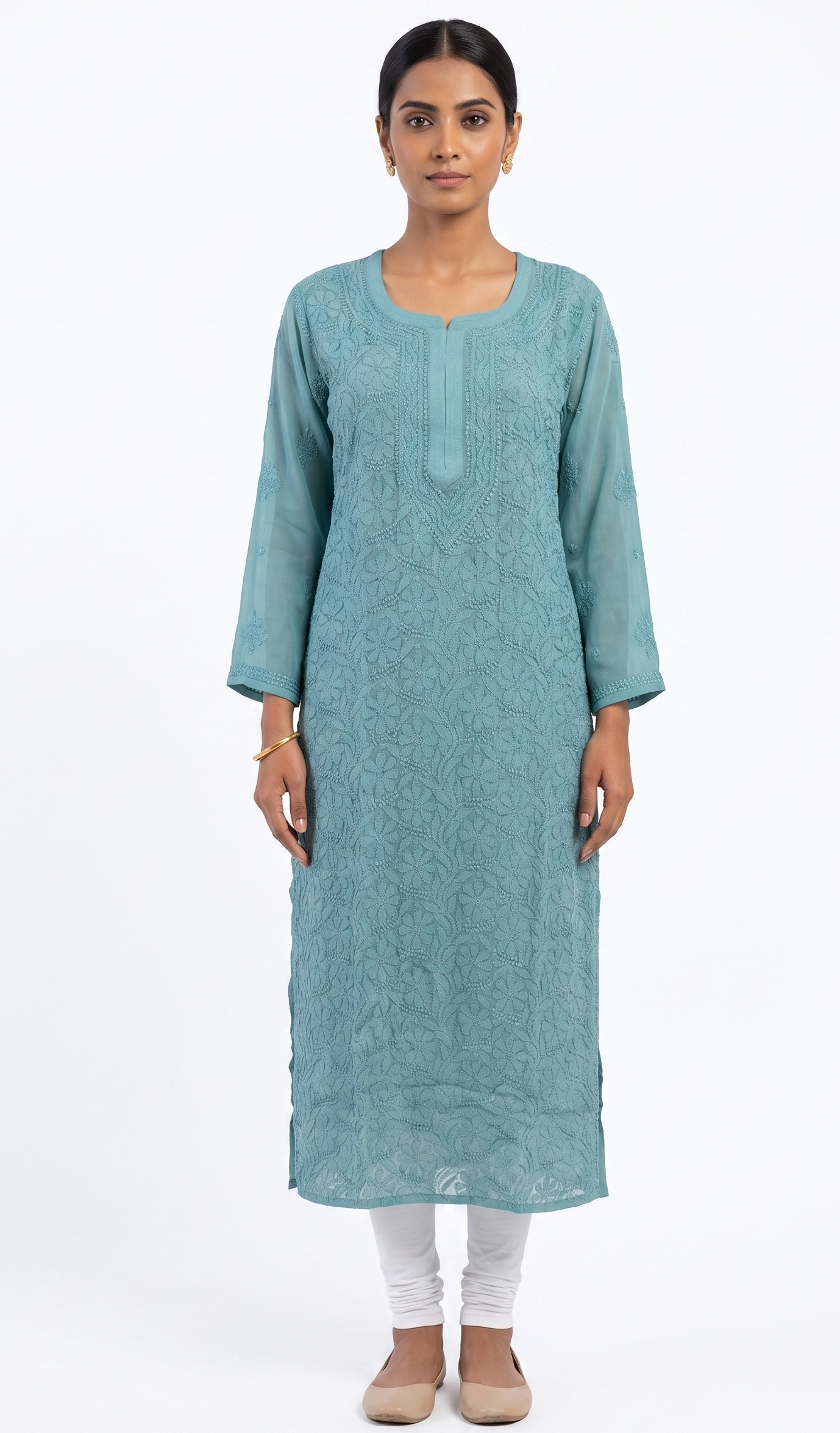 Celestial Blue Ethnic Motifs Embroidered Chikankari Georgette Kurta