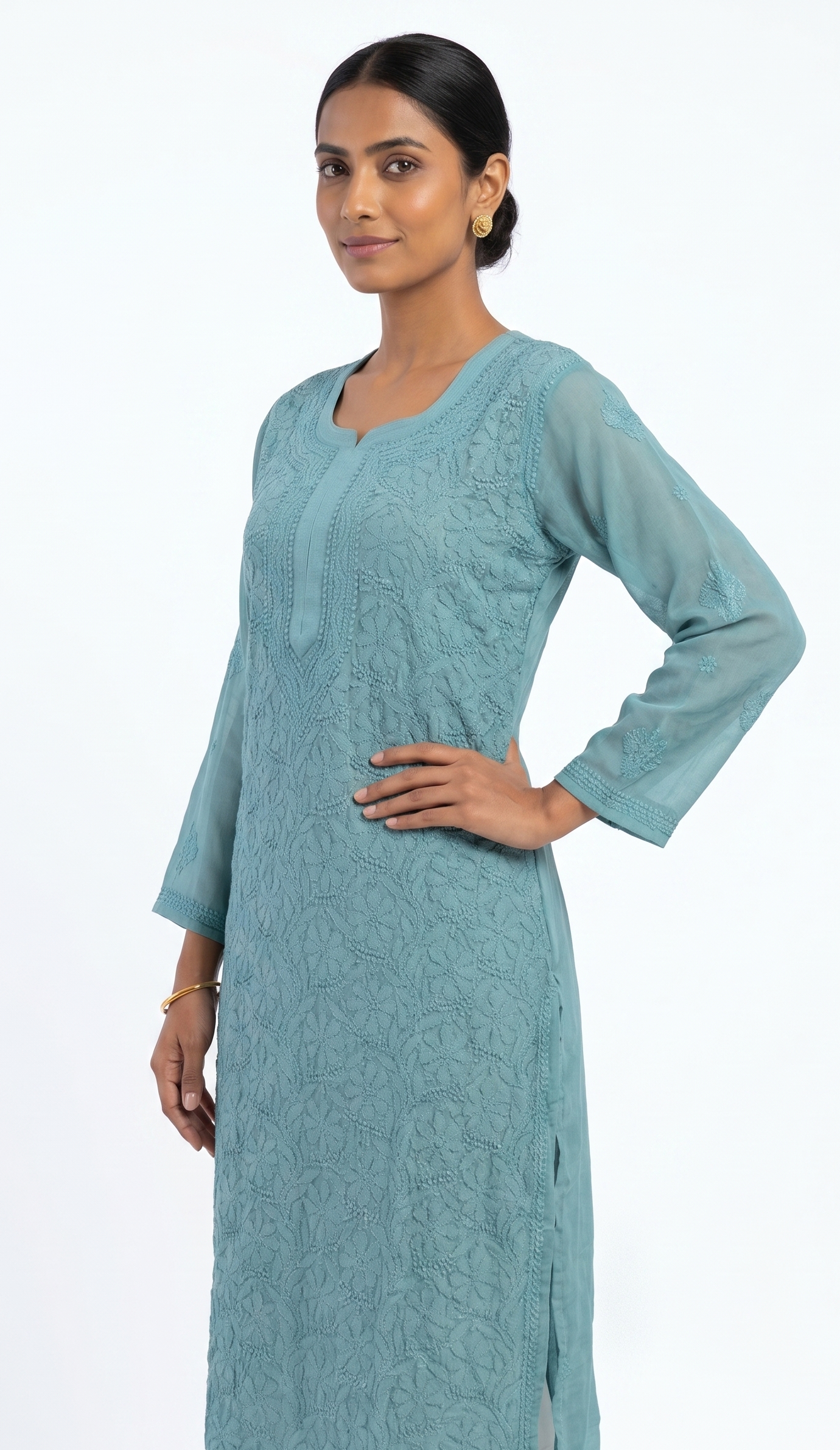 Celestial Blue Ethnic Motifs Embroidered Chikankari Georgette Kurta