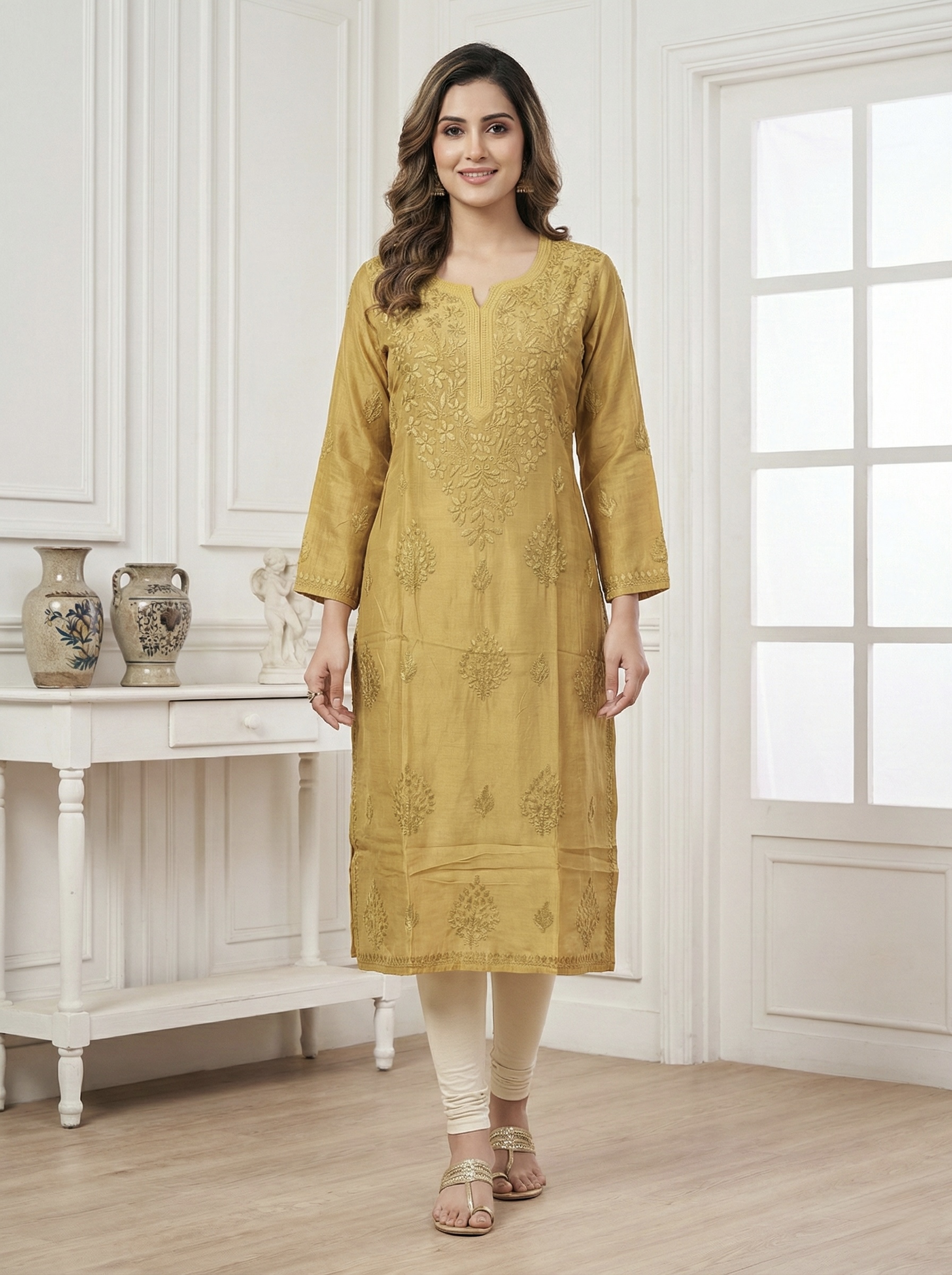 Golden Yellow Muslin Chikankari Kurta With Ghas Patti