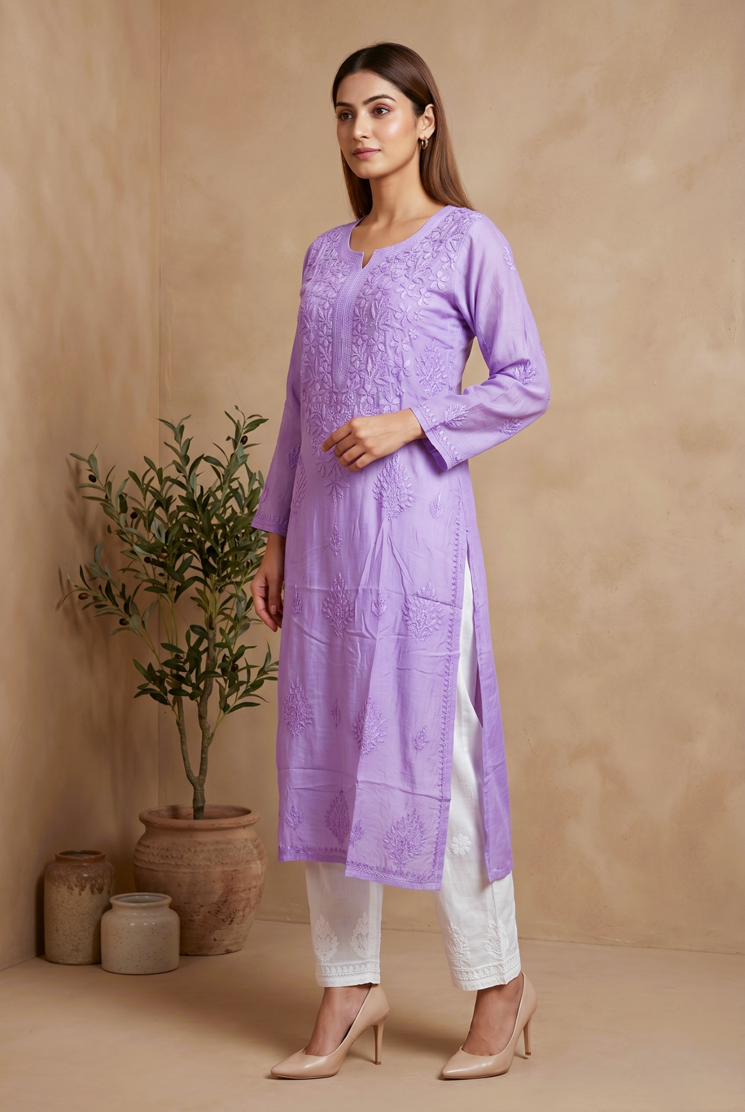 Royal Orchid Purple Muslin Chikankari Kurta With Ghas Patti