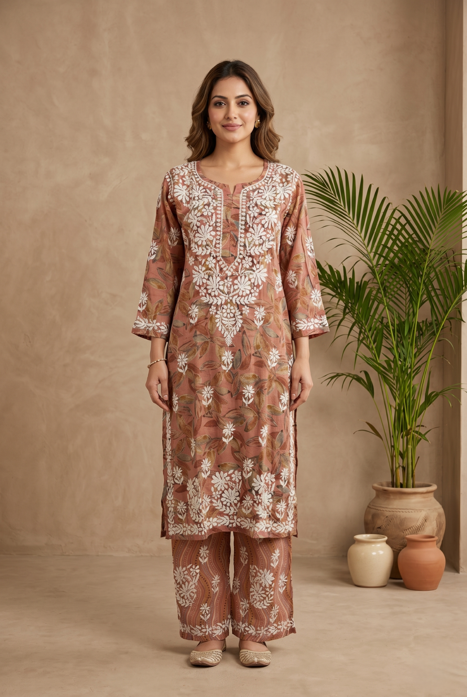 Pestal Peach Mul Cotton Chikankari Kurta & Palazzo Set