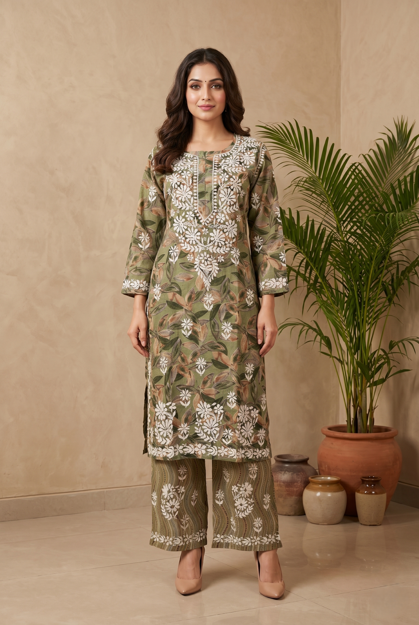 Green Mul Cotton Chikankari Kurta & Palazzo Set
