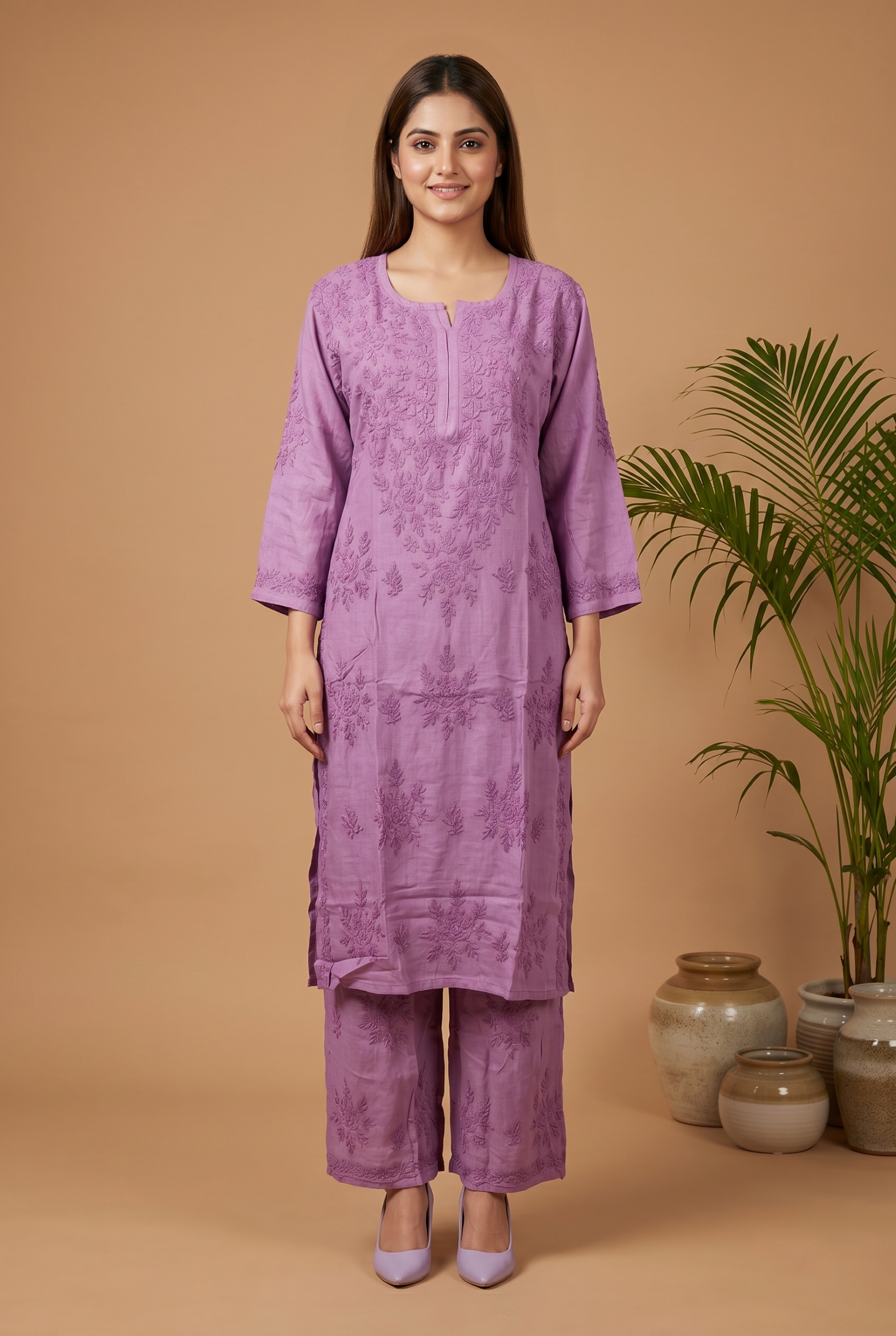 Purple Muslin Kurta & Palazzo Set – Hand-Embroidered Chikankari
