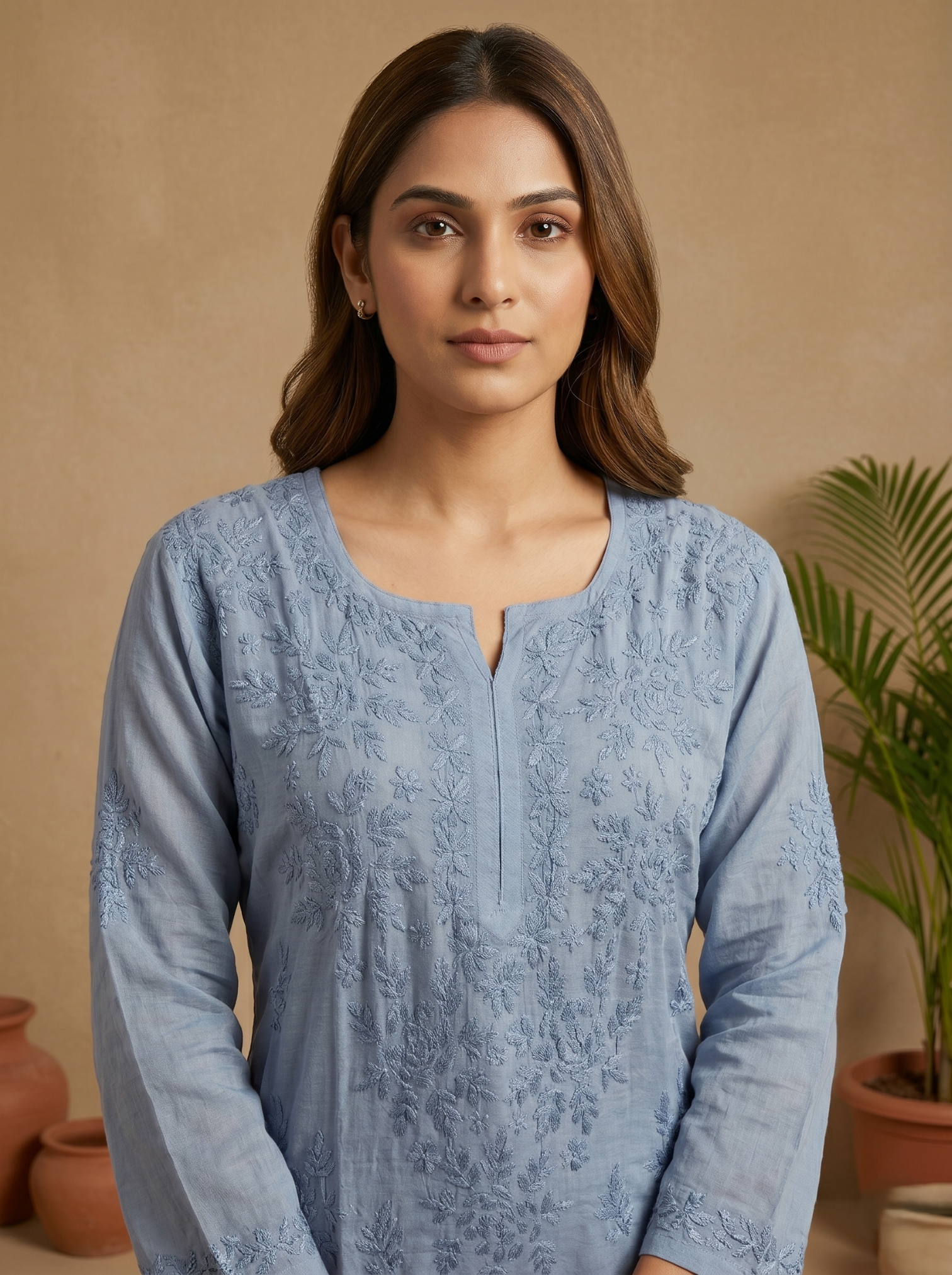 Grey Muslin Kurta & Palazzo Set – Hand-Embroidered Chikankari