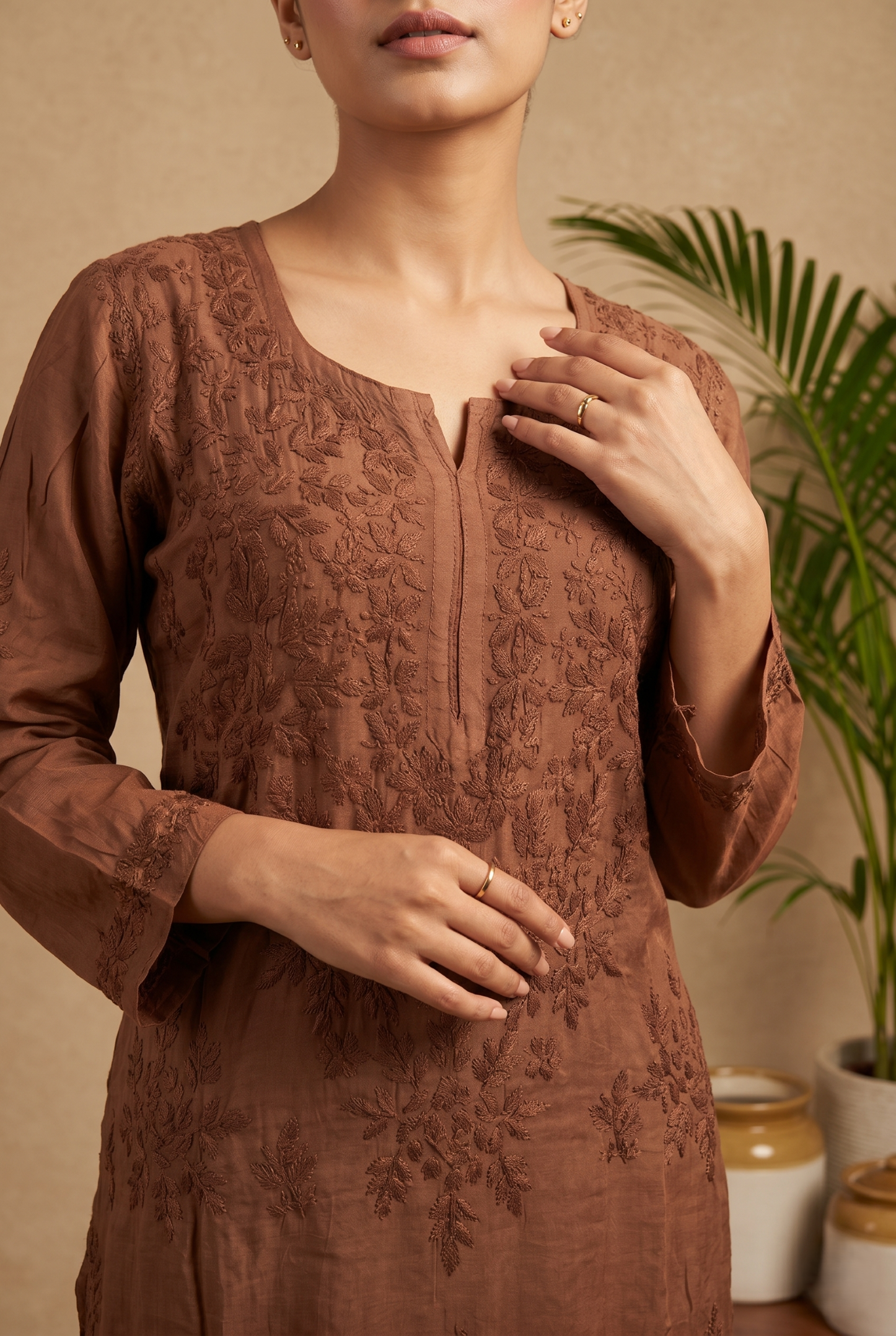 Brown Muslin Kurta & Palazzo Set – Hand-Embroidered Chikankari