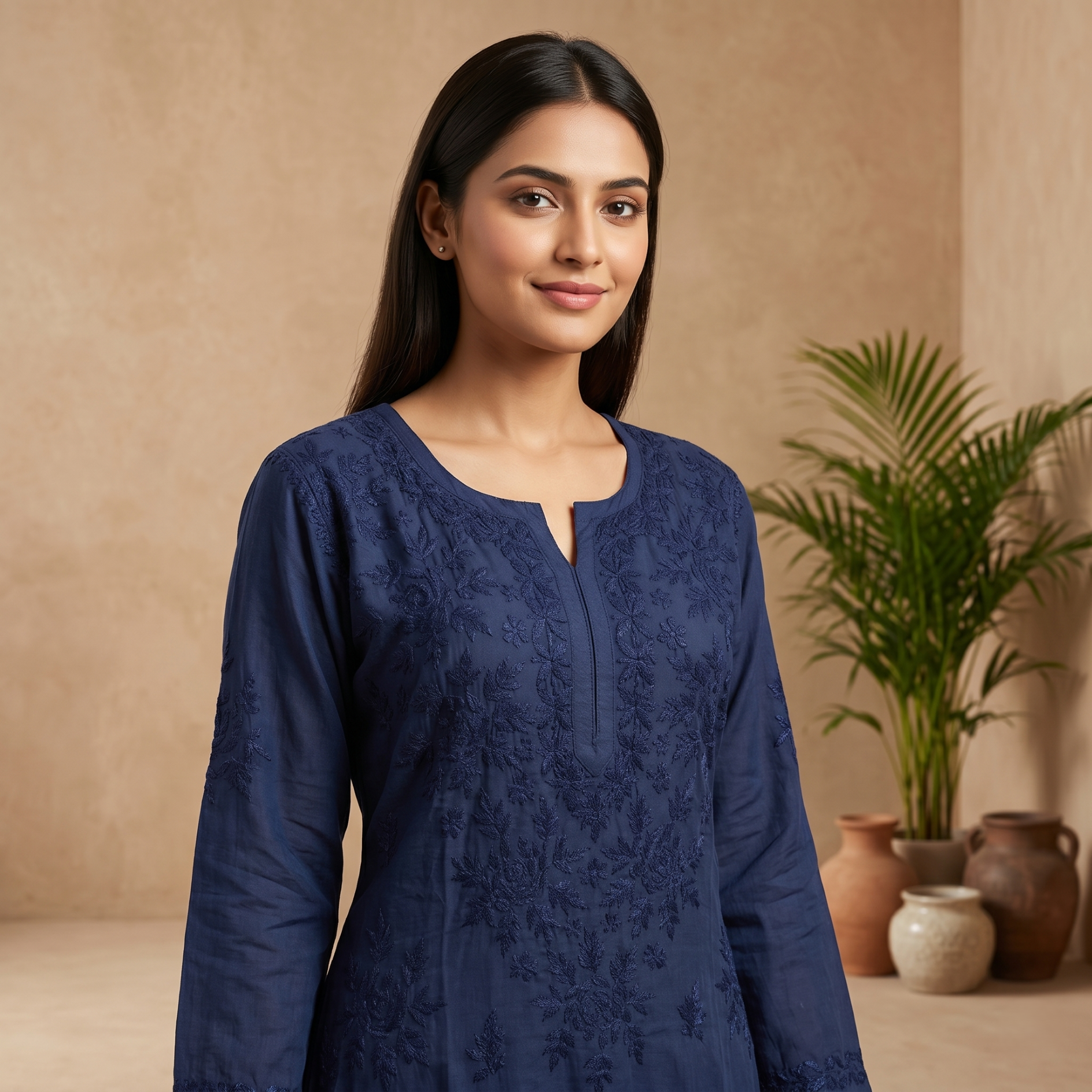 Blue Muslin Kurta & Palazzo Set – Hand-Embroidered Chikankari
