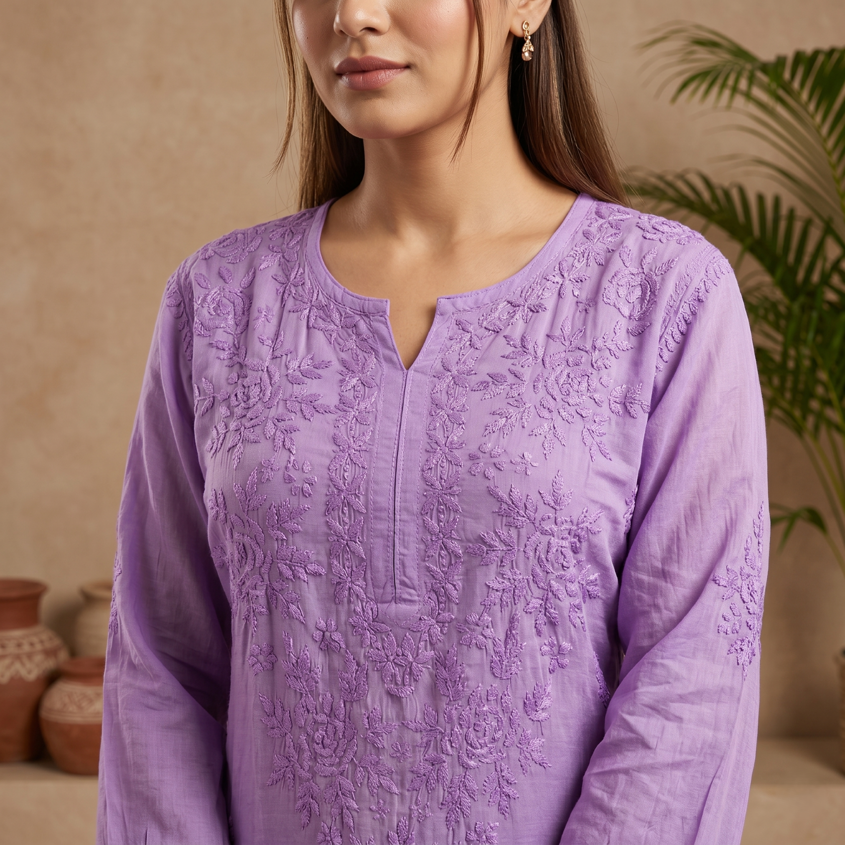 purple Muslin Kurta & Palazzo Set – Hand-Embroidered Chikankari