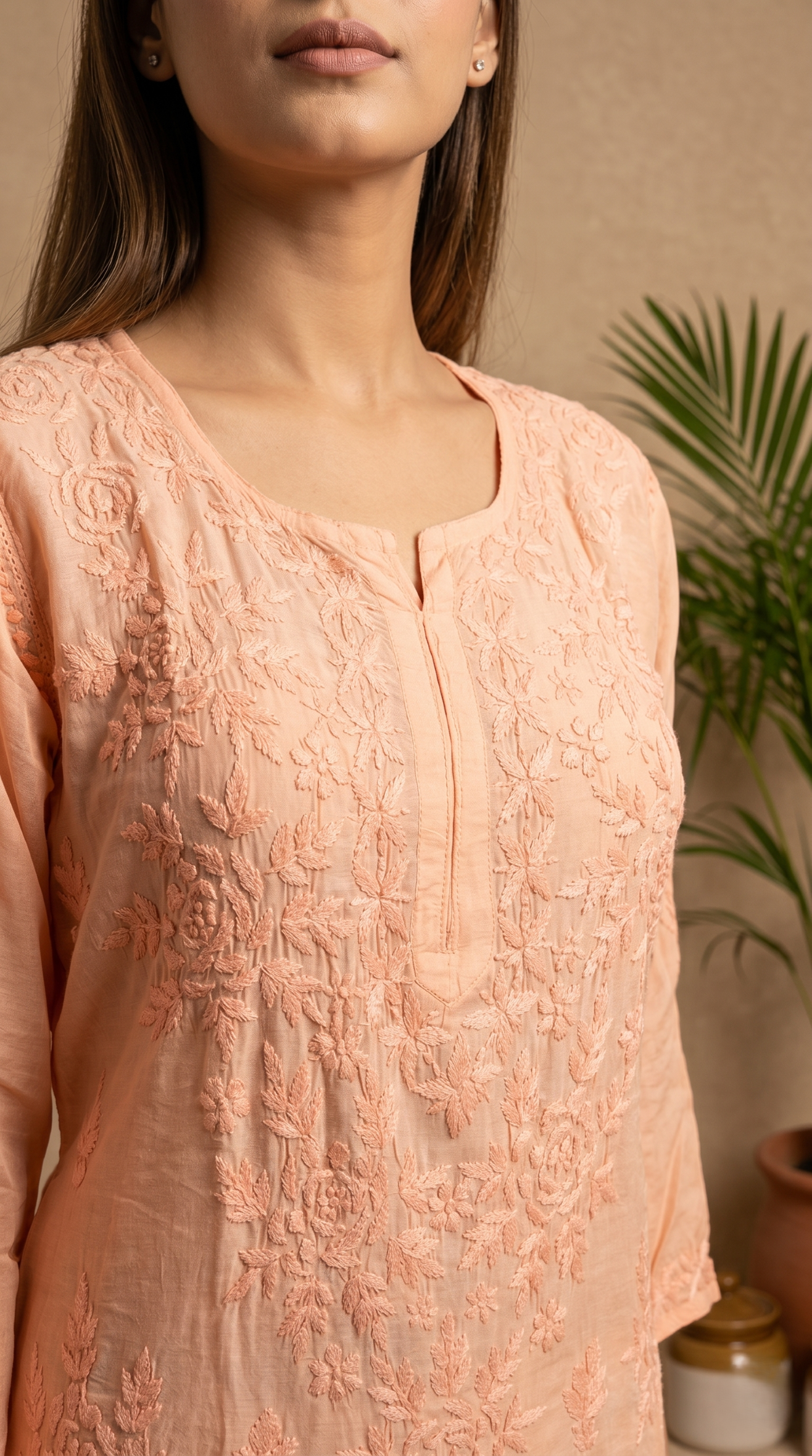 Peach Muslin Kurta & Palazzo Set – Hand-Embroidered Chikankari