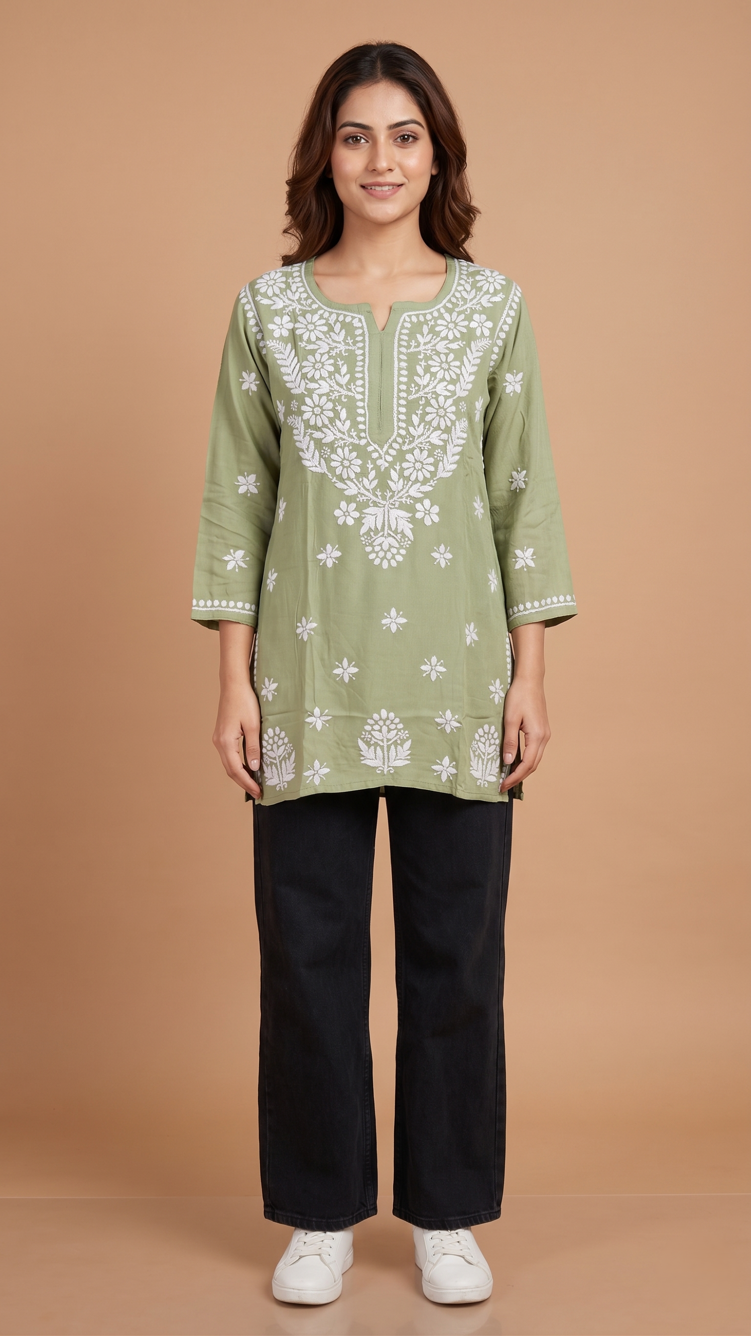 Green Rayon Short Chikankari Kurti