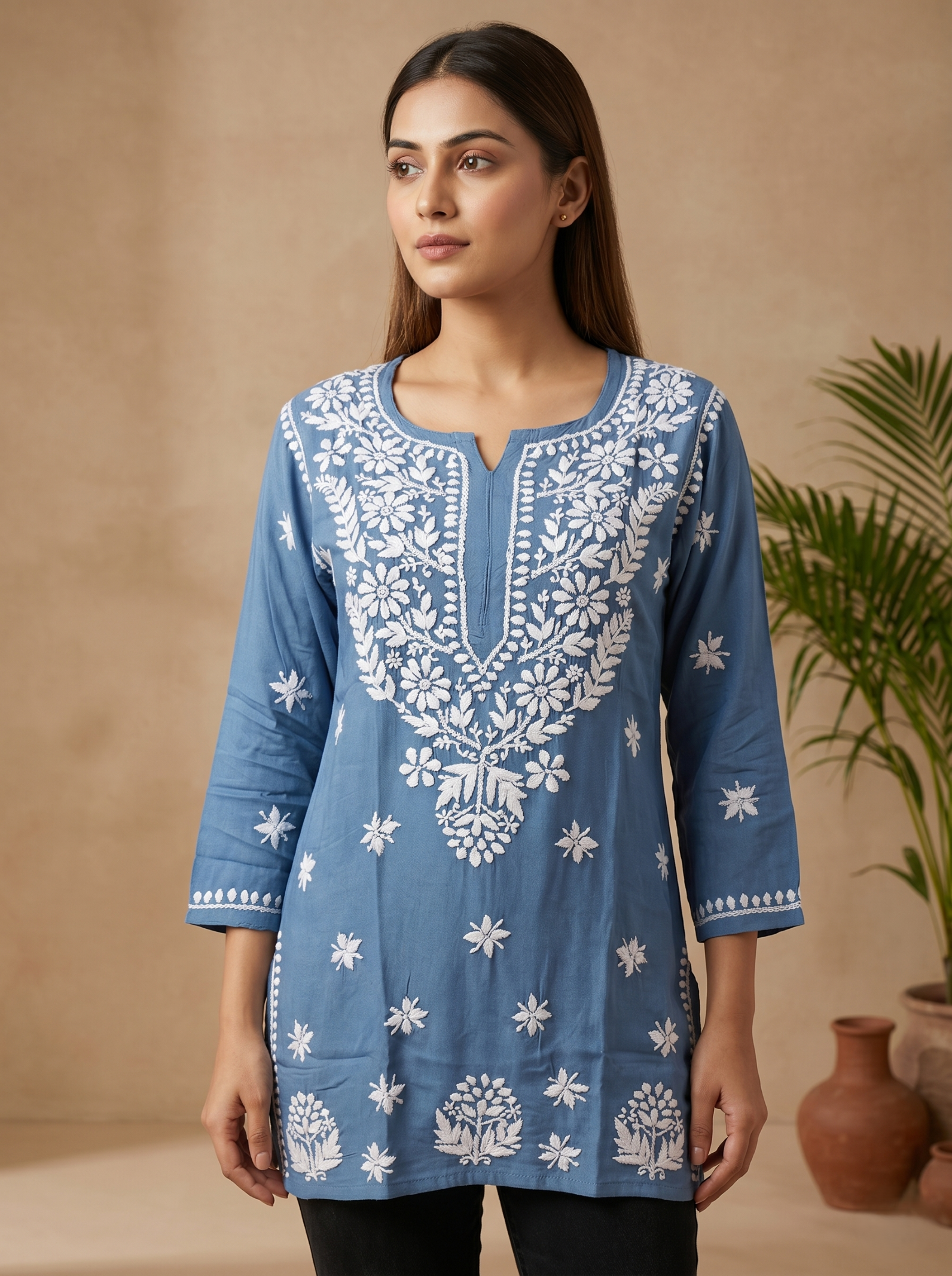 Blue Rayon Short Chikankari Kurti