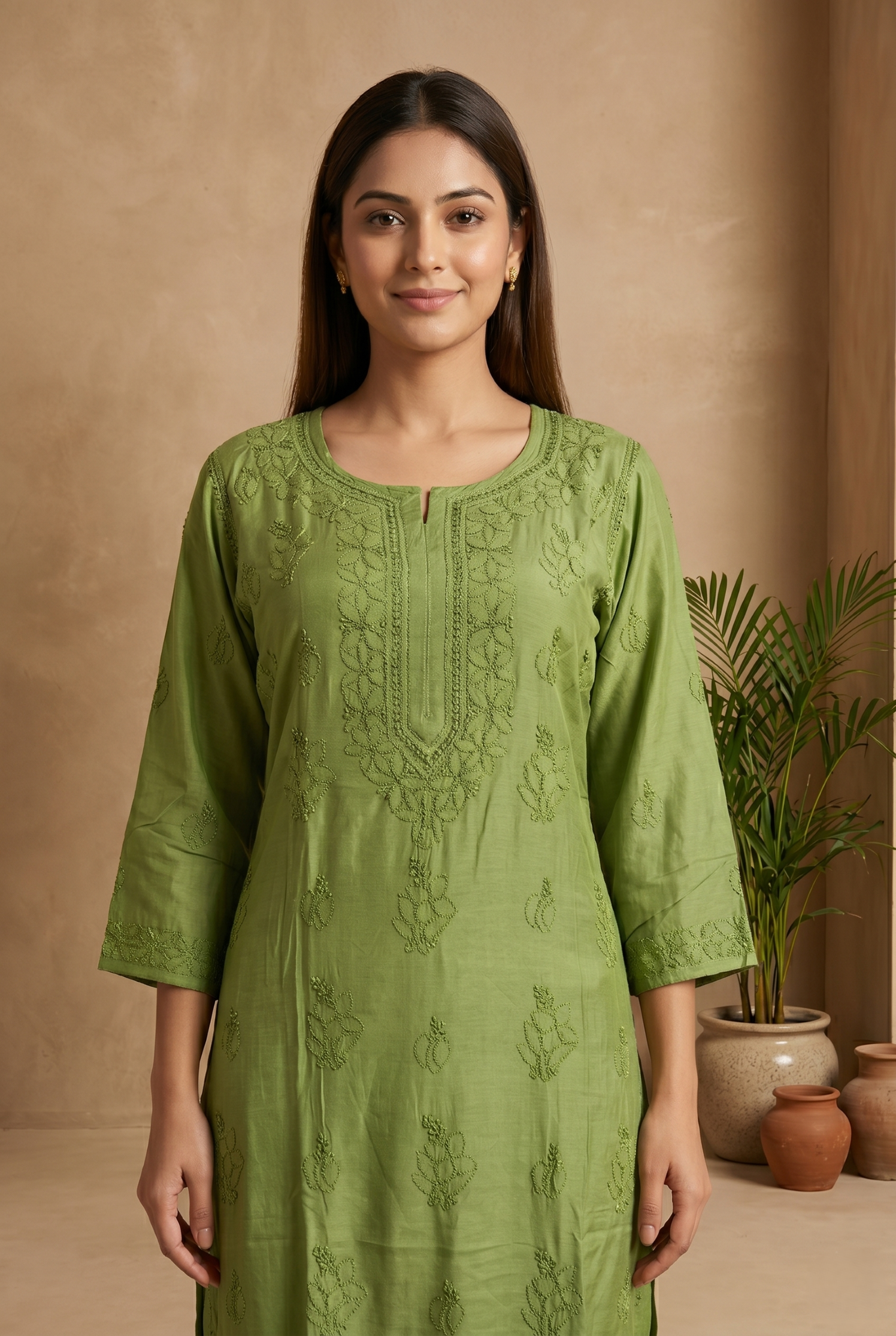 Muslin Chikankari Straight Kurta Set- Green