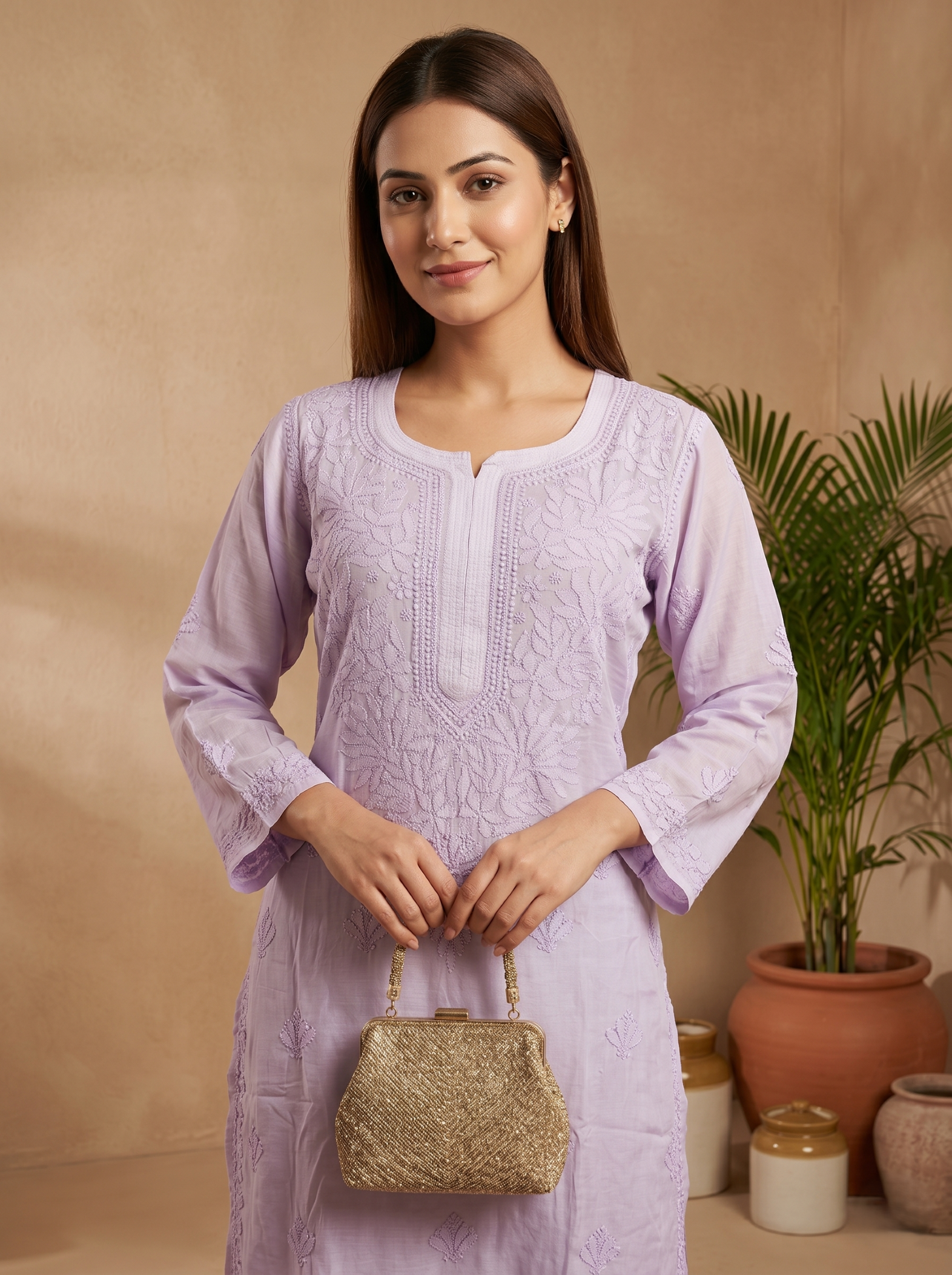 Muslin Chikankari Straight Kurta Set- Purple