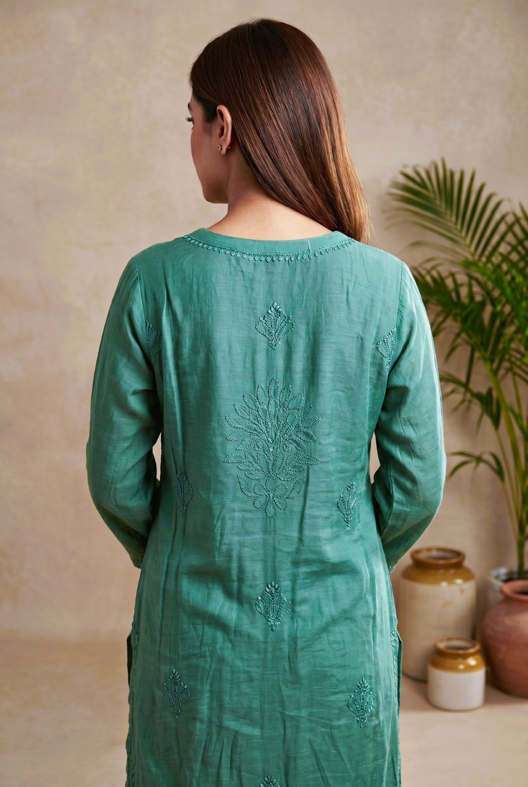 Muslin Chikankari Straight Kurta Set- Green