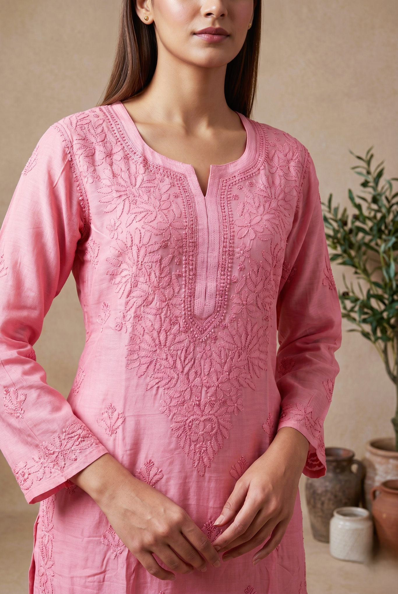 Muslin Chikankari Straight Kurta Set- Pink