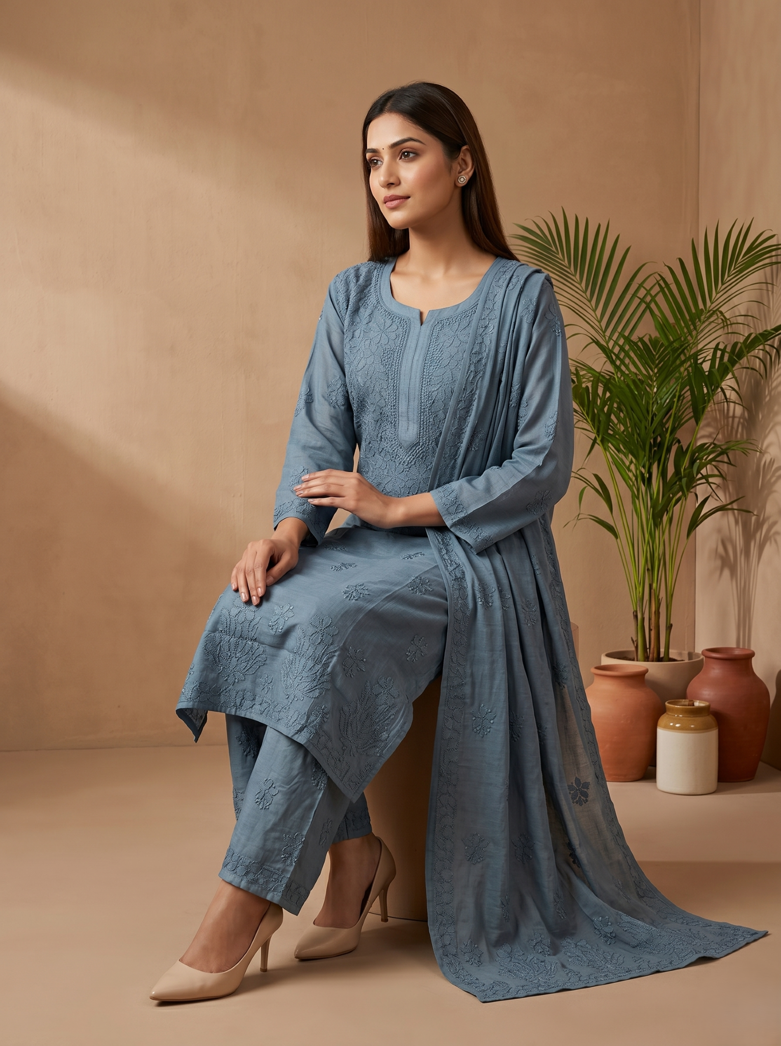 Muslin Chikankari Straight Kurta Set- Grey