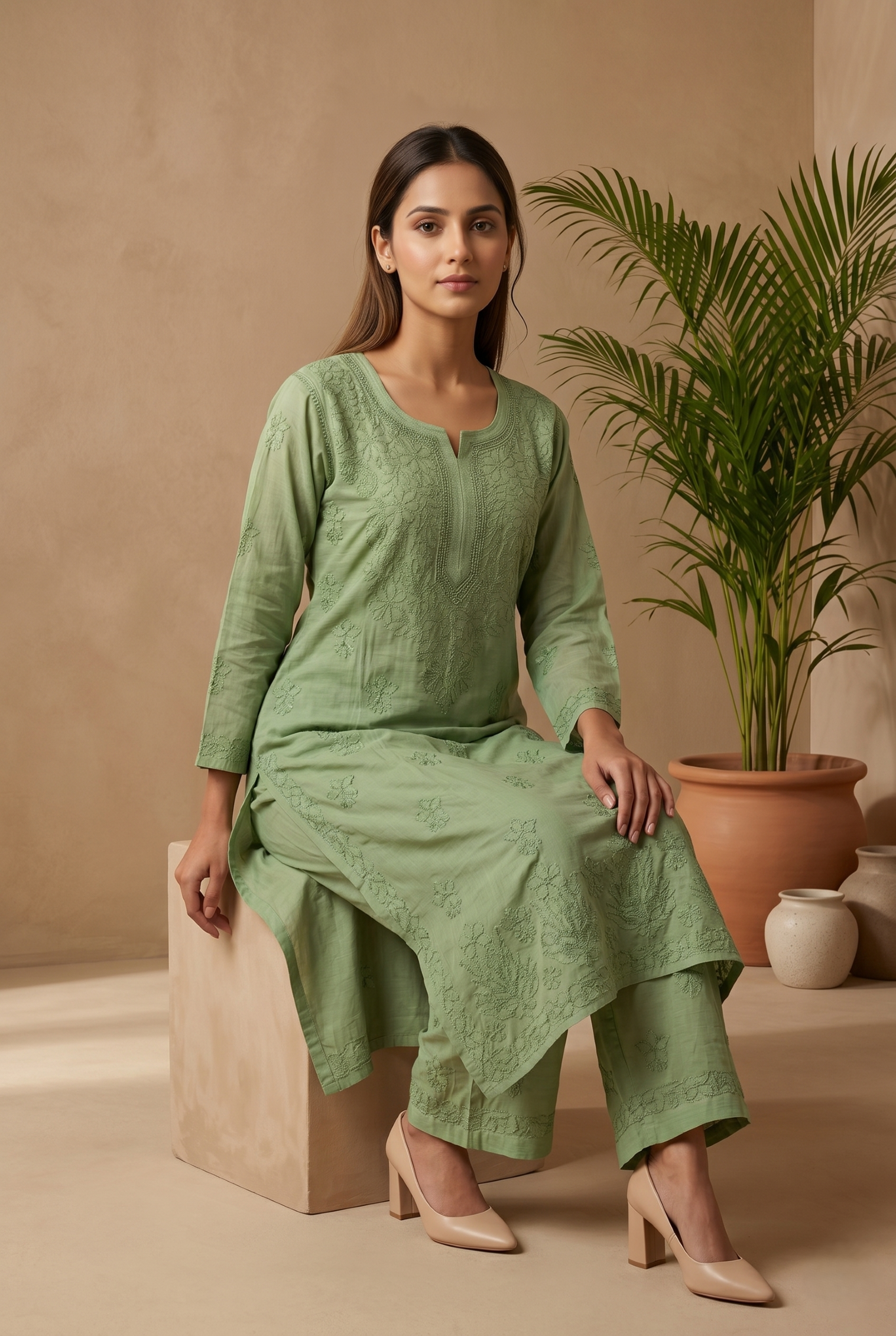 Muslin Chikankari Straight Kurta Set- Green