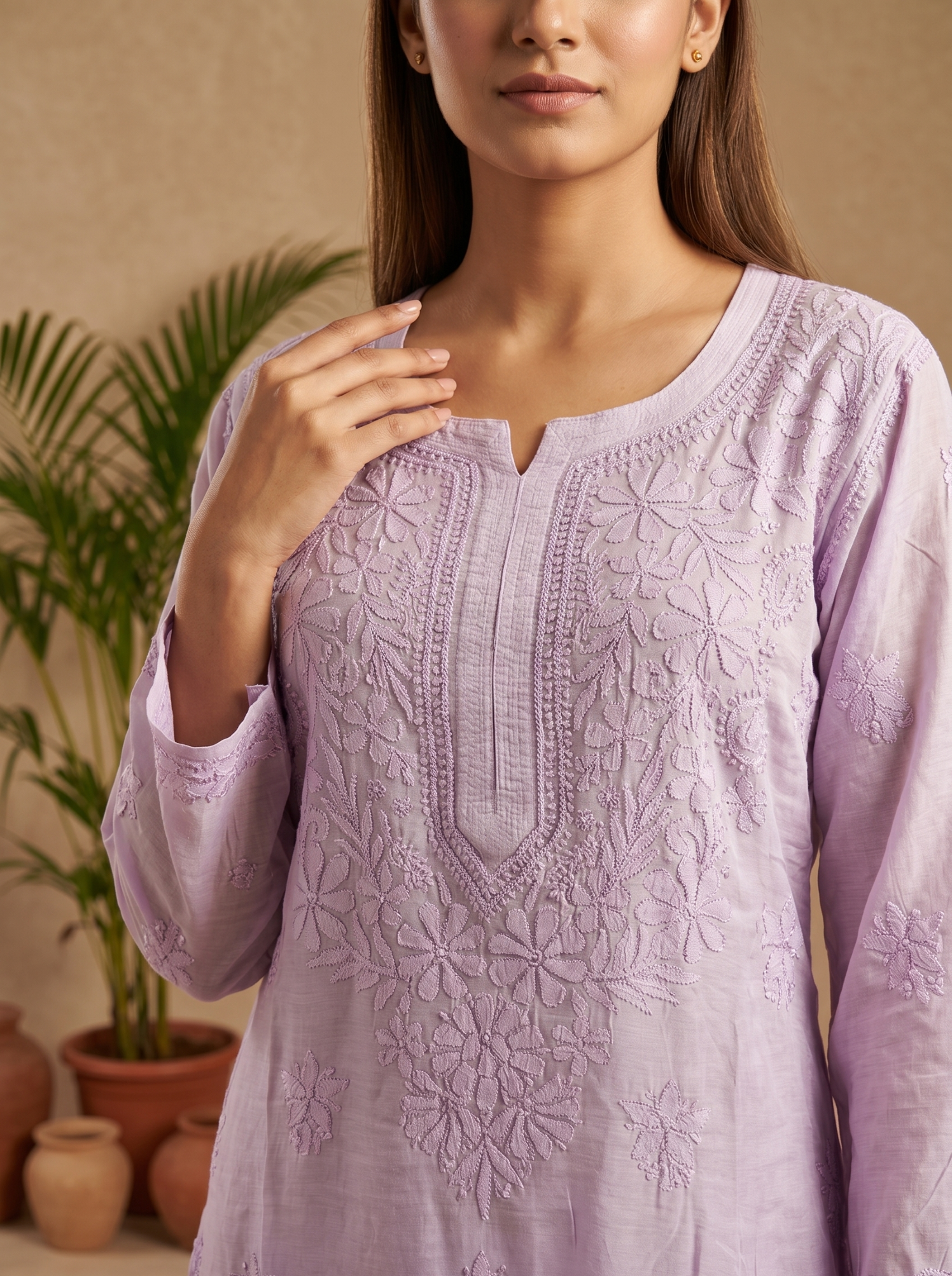 Muslin Chikankari Straight Kurta Set- Purple