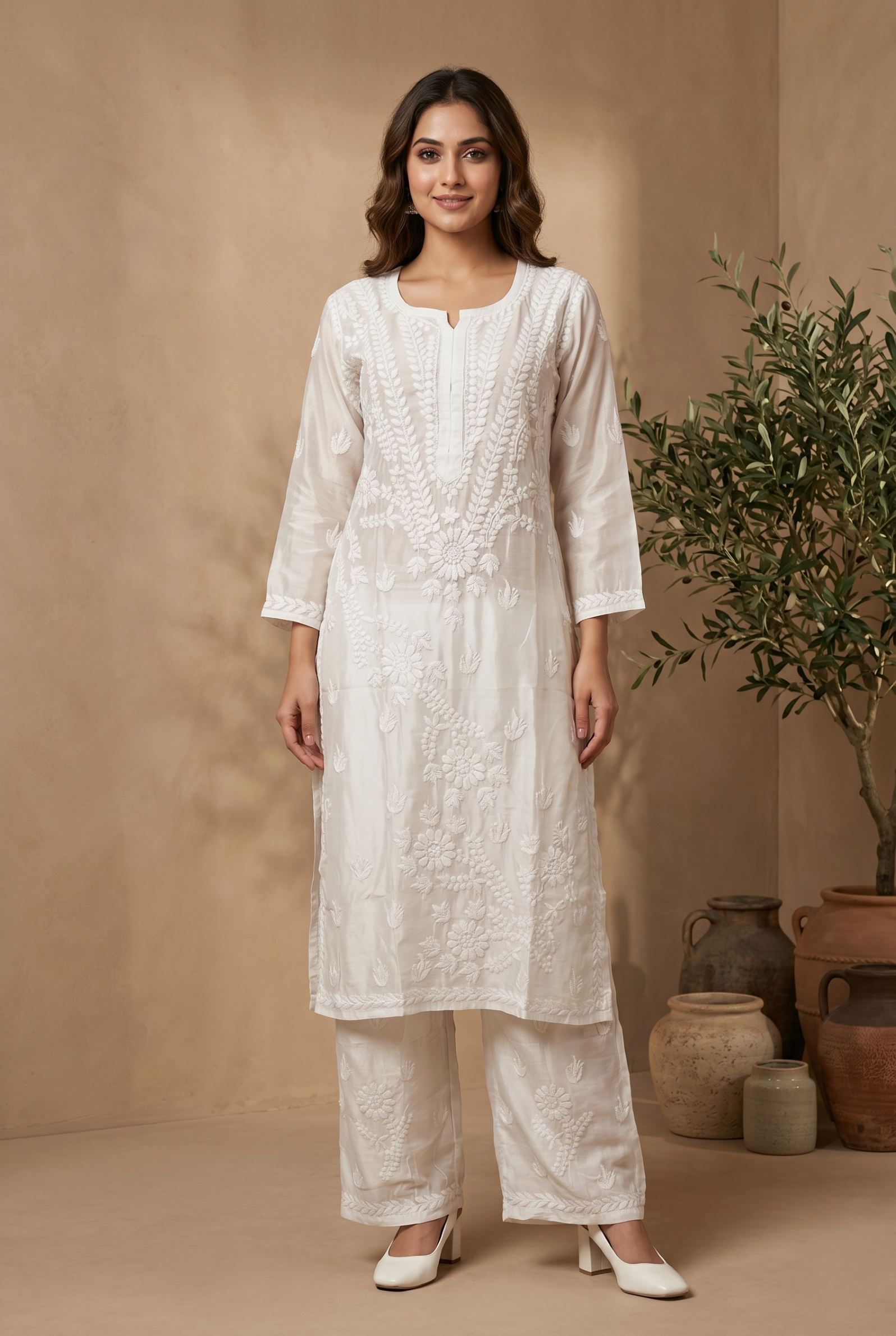 White muslin ghasspatti with Palazzo set