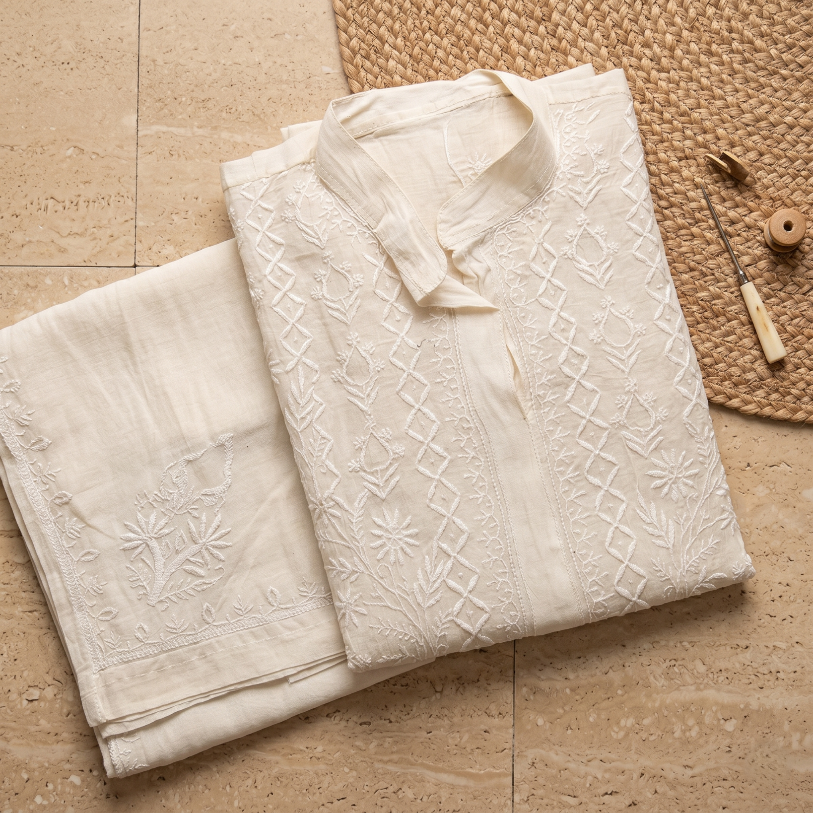 Mul Semi-Stitched Chikankari Kurta And Plazzo Set
