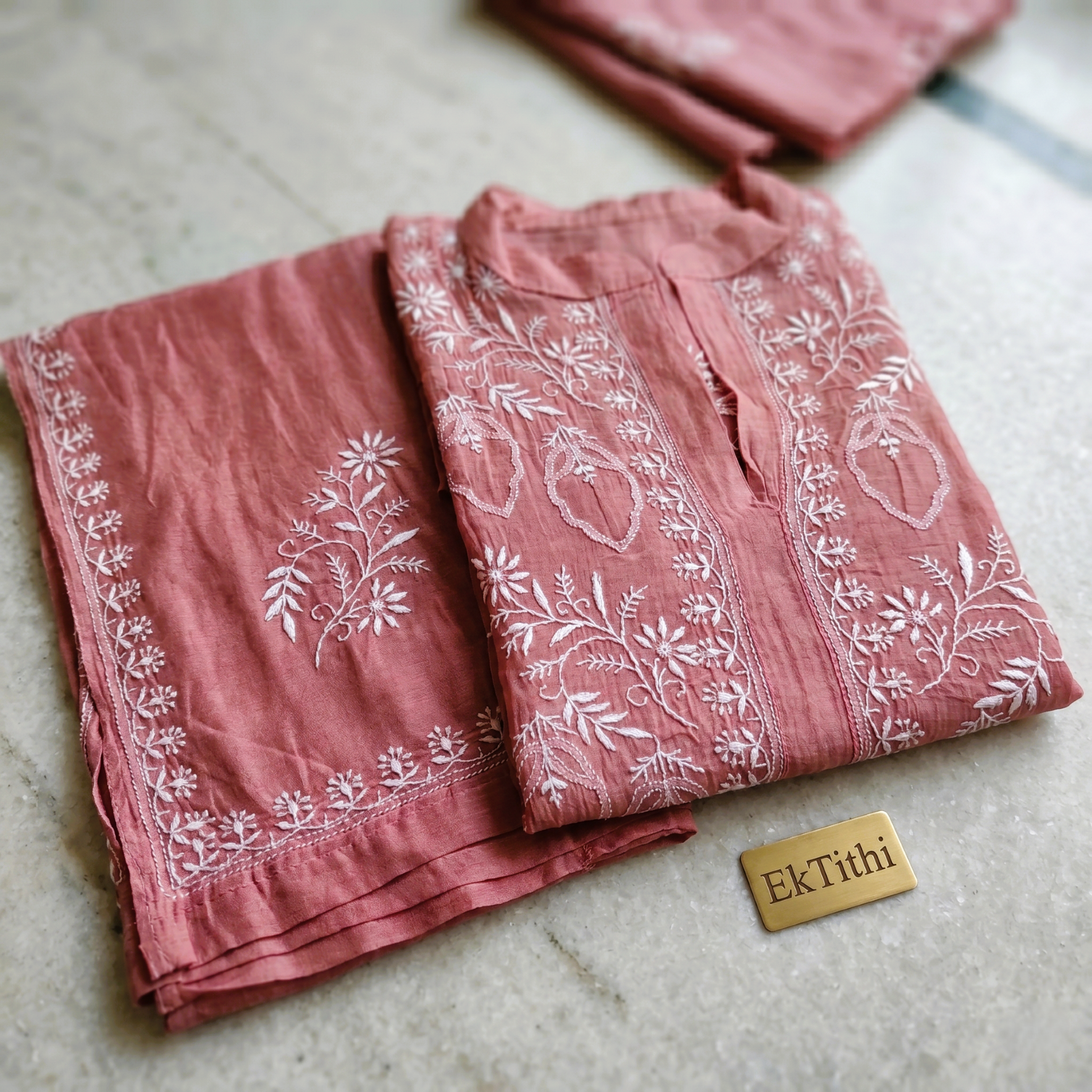 Mul Semi-Stitched Chikankari Kurta And Plazzo Set