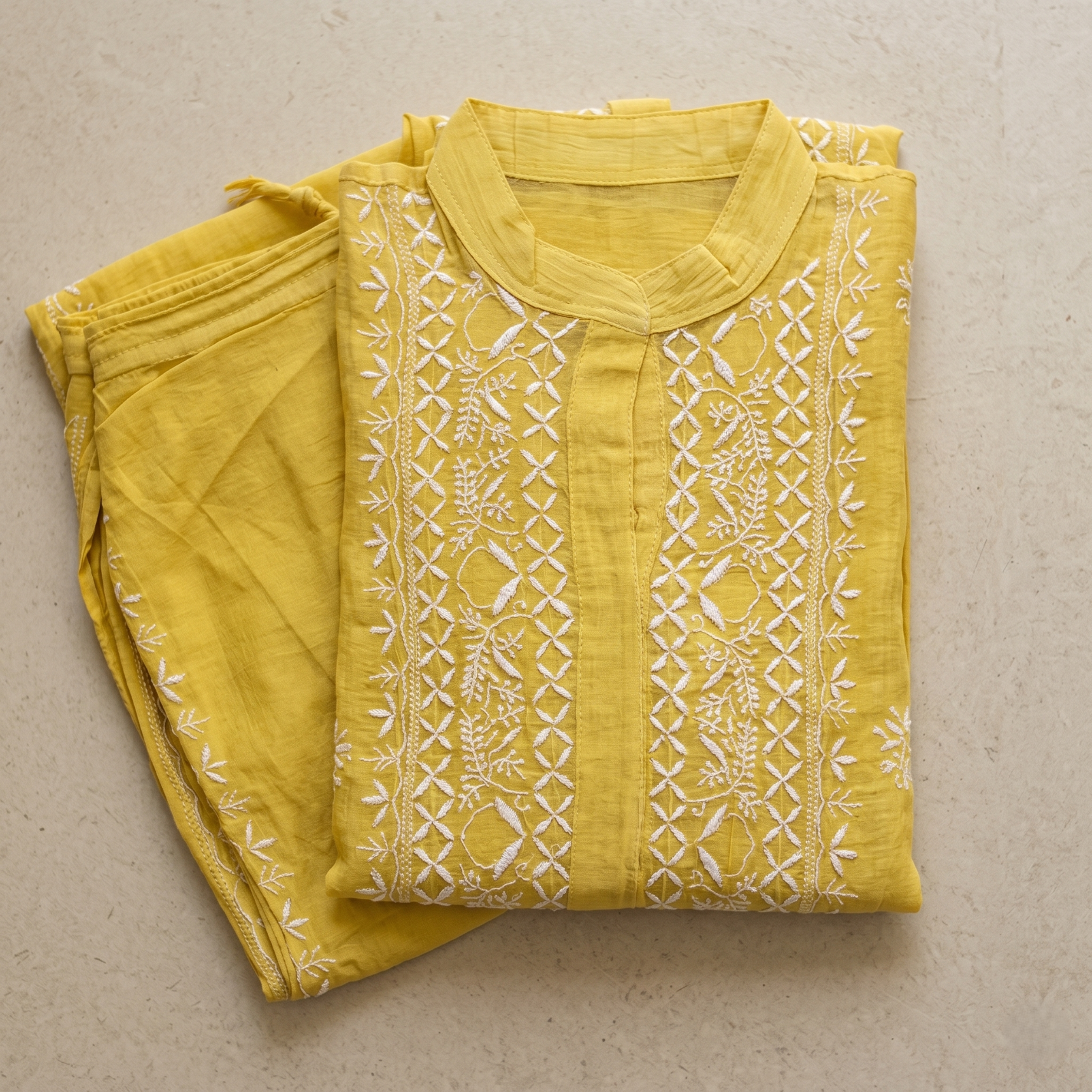 Mul Semi-Stitched Chikankari Kurta And Plazzo Set