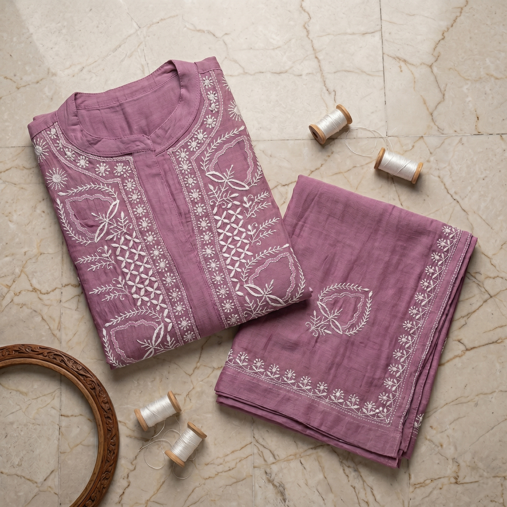Mul Semi-Stitched Chikankari Kurta And Plazzo Set