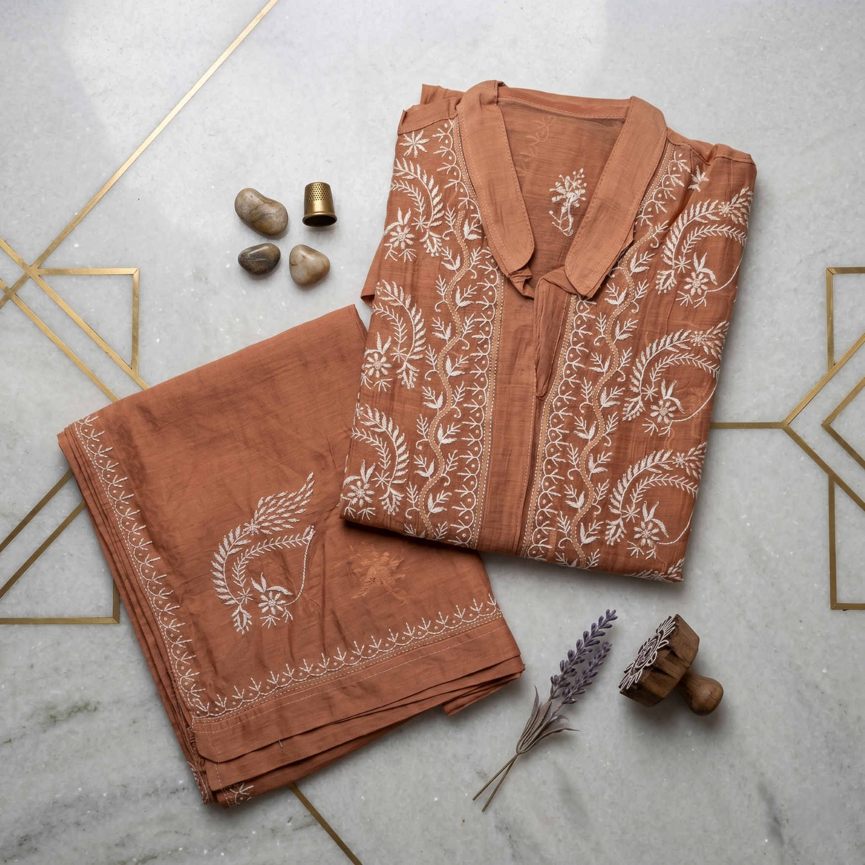 Mul Semi-Stitched Chikankari Kurta And Plazzo Set