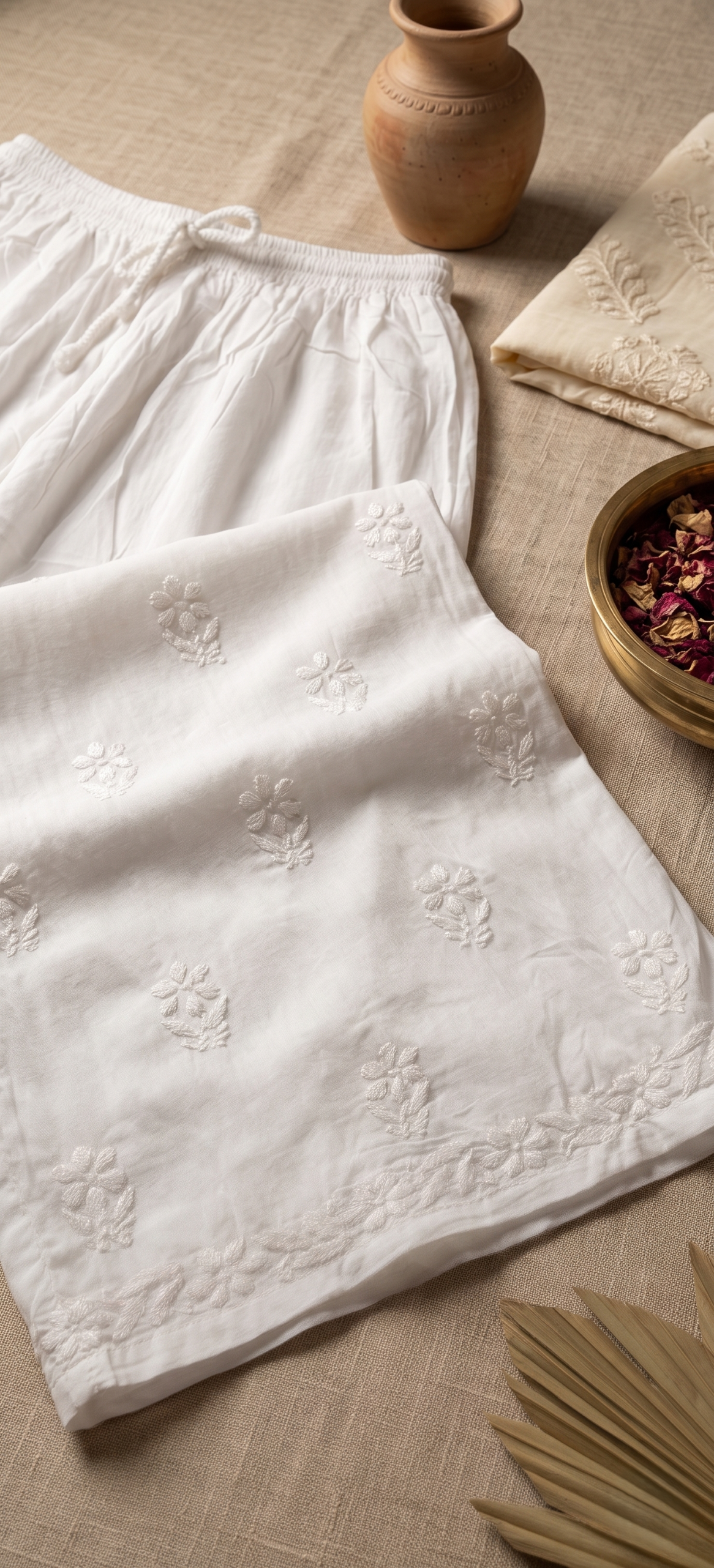 Rayon Chikankari  Palazzo - White