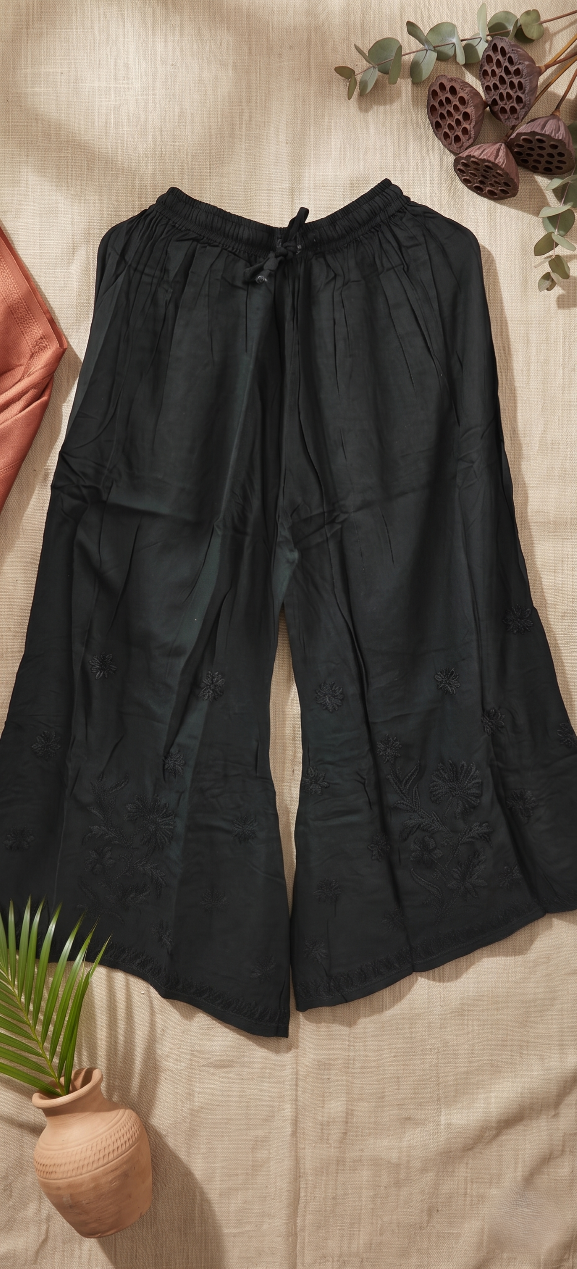 Rayon Chikankari  Palazzo - Black