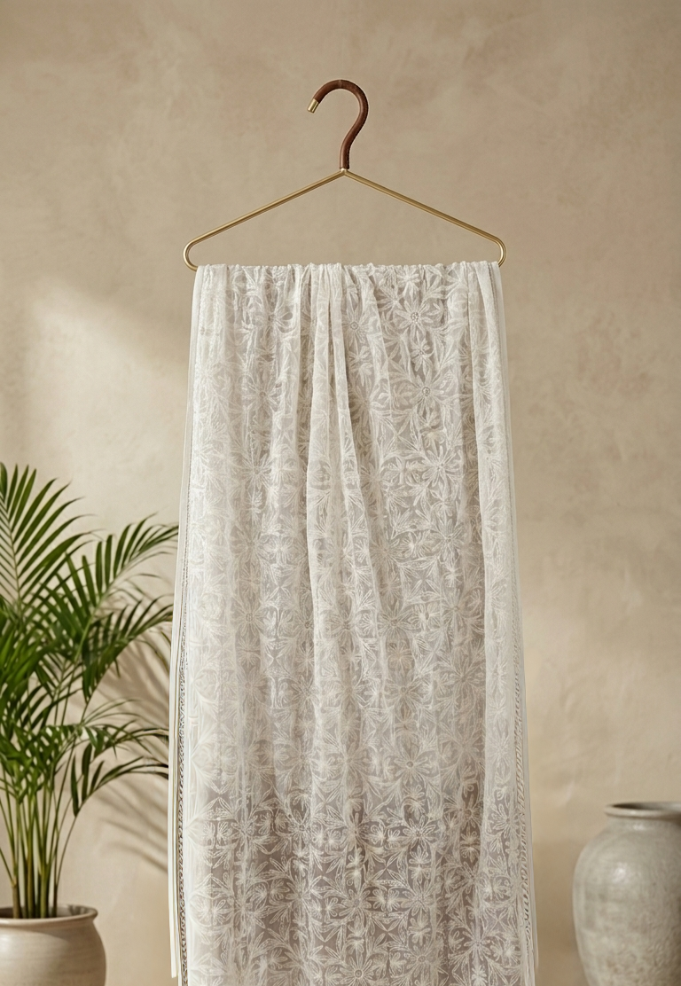 Chikankari Tepchi Work Dupatta - White
