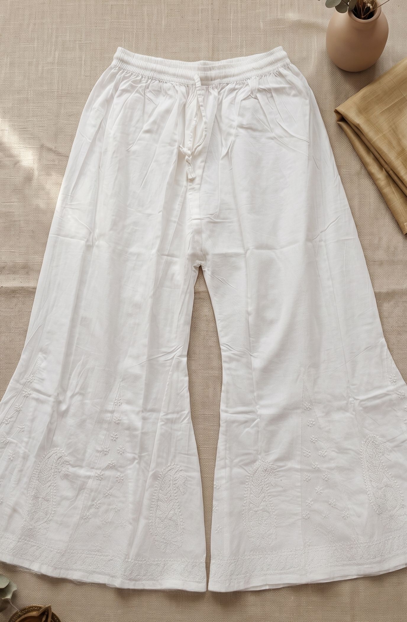 Pure Cotton White Kali Flared Palazzo | Airy Fit