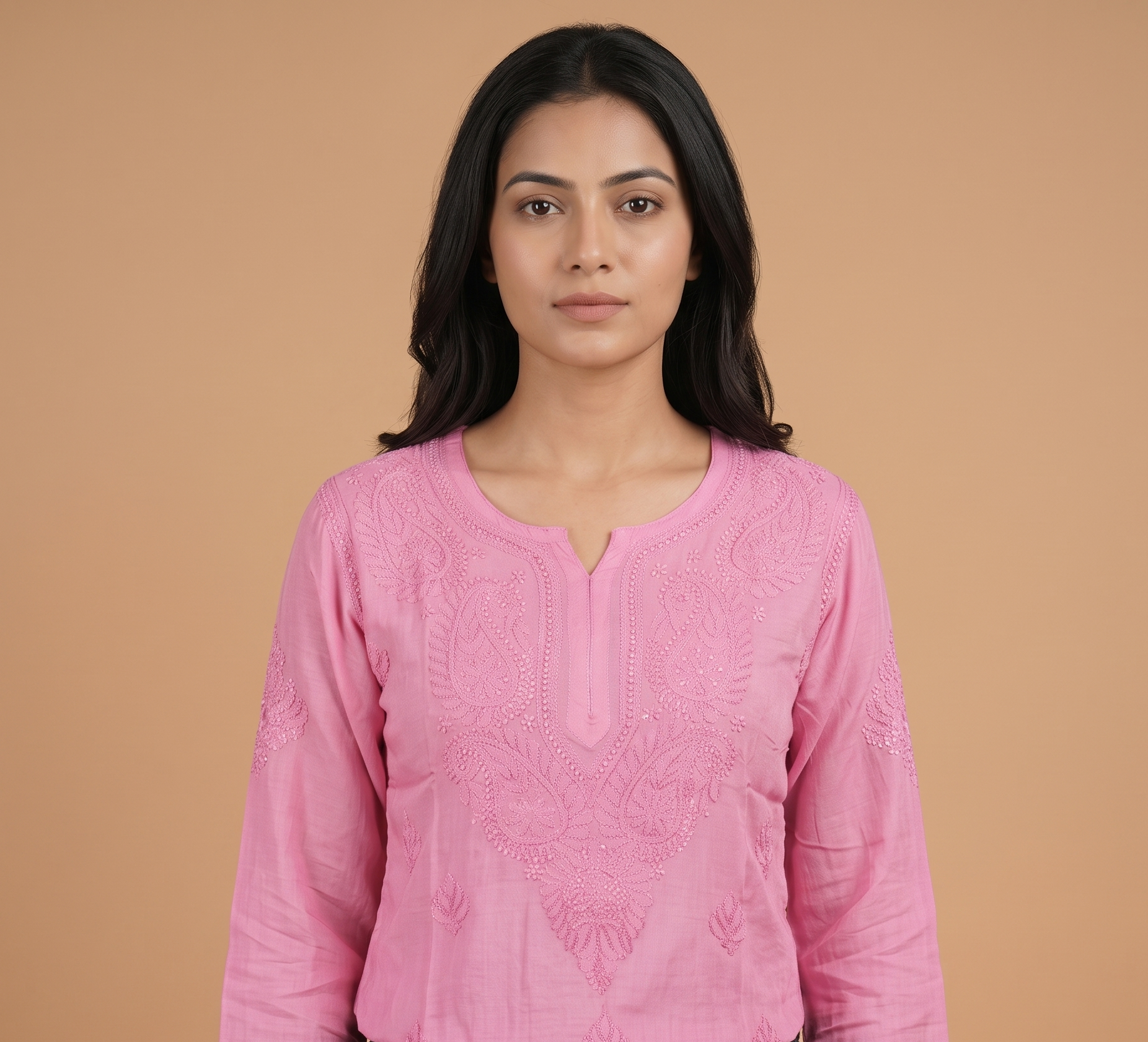 Pink Muslin Short Chikankari Kurti