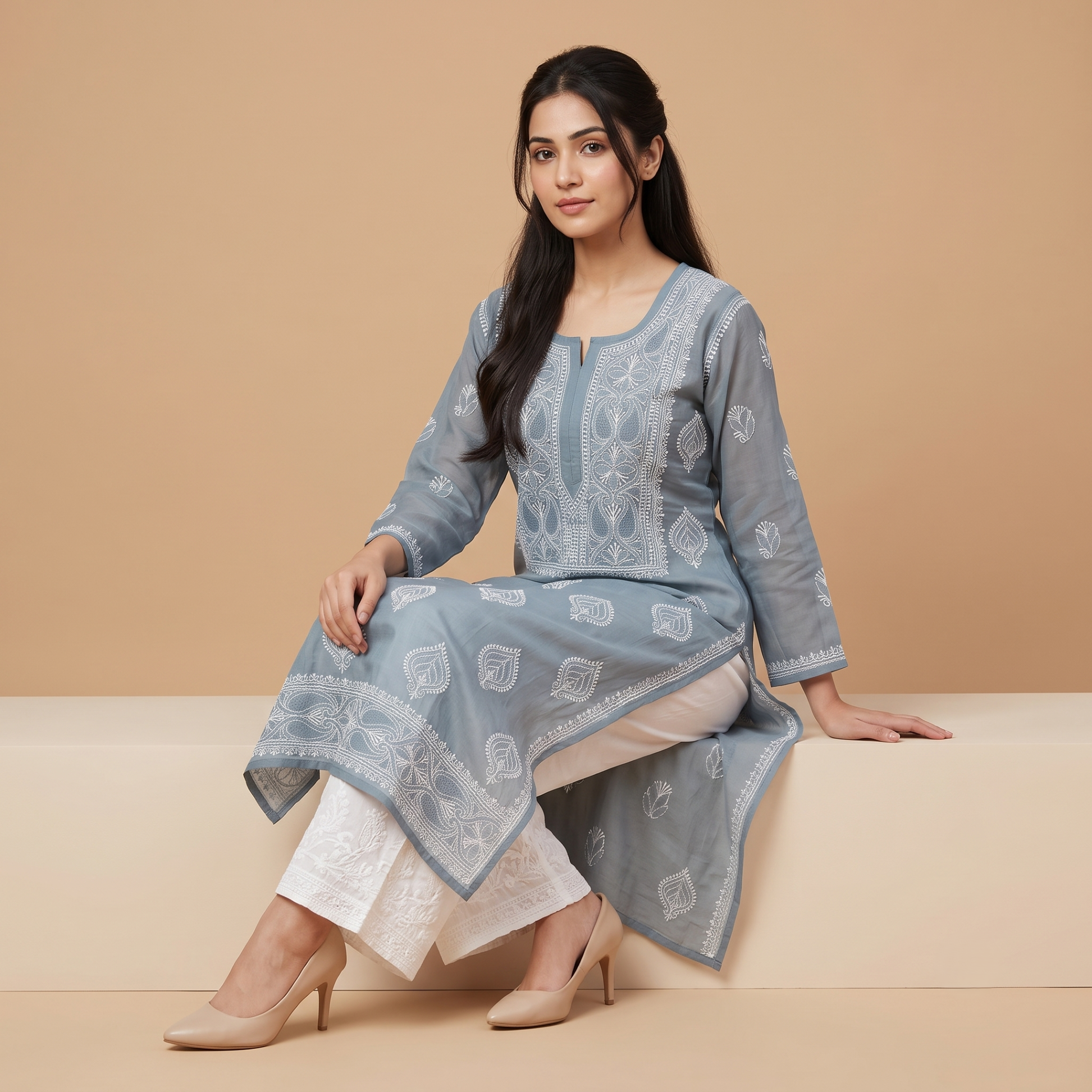 Ethereal Grey Jaal Embroidery Cotton chikankari Kurta