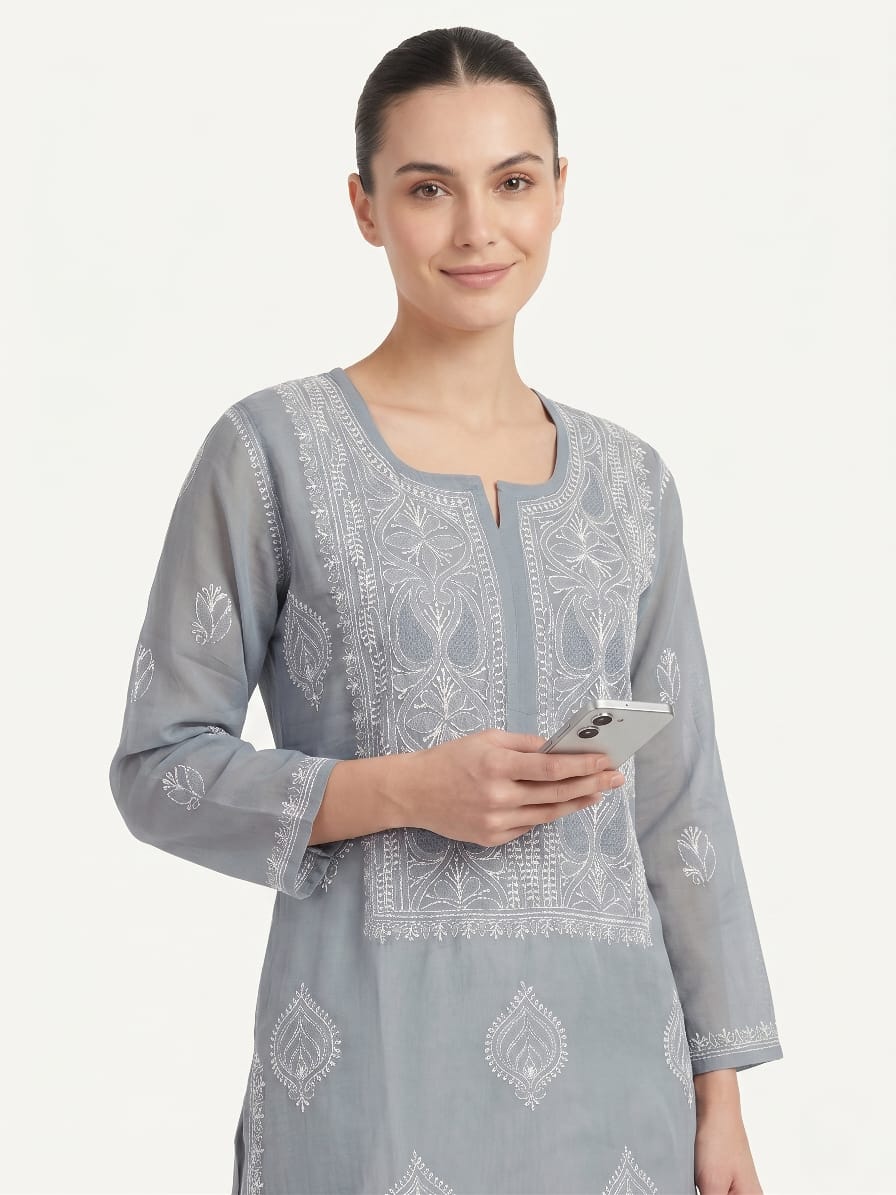 Ethereal Grey Jaal Embroidery Cotton chikankari Kurta