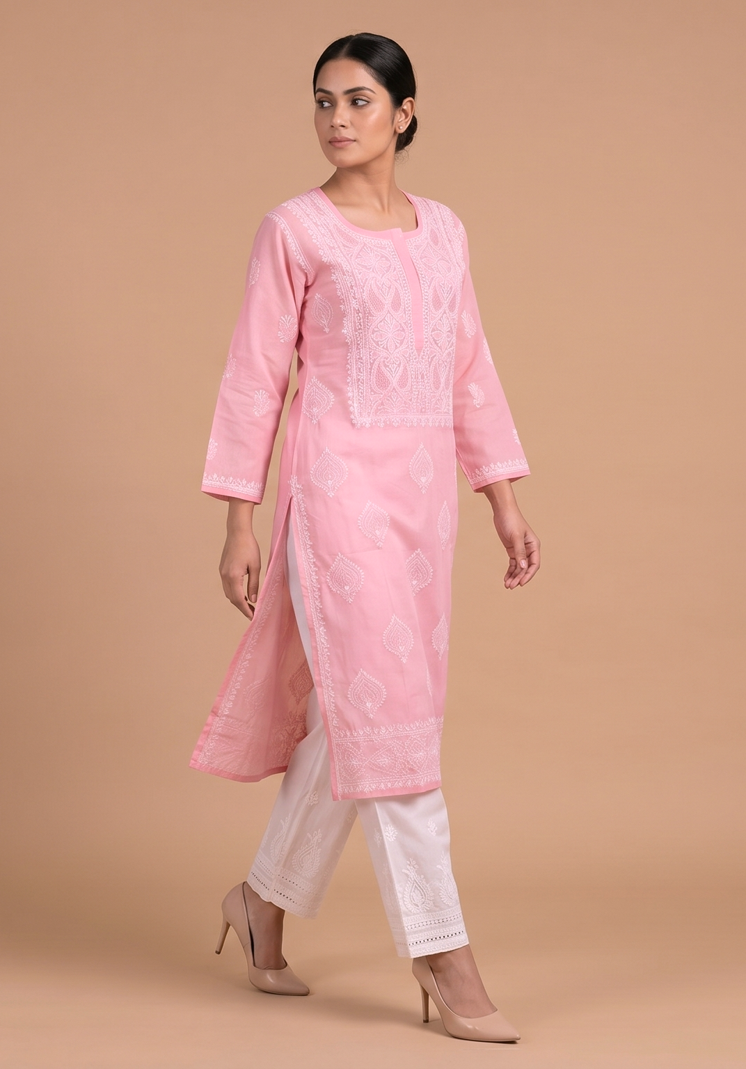 Pink Jaal Embroidery Cotton chikankari Kurta