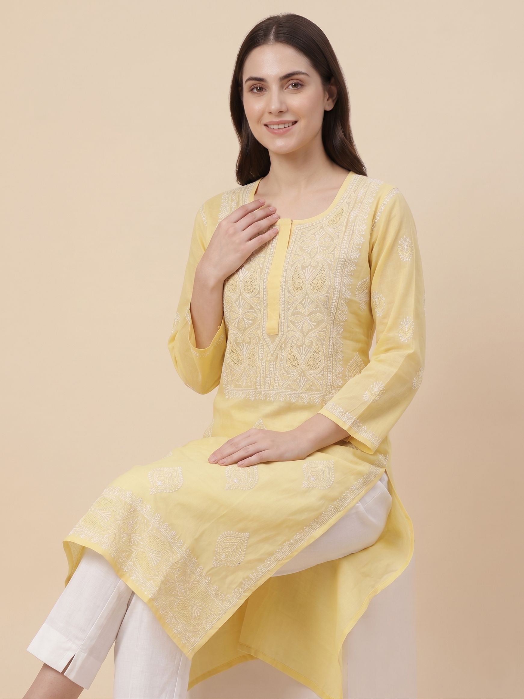 Sunshine Yellow handcrafted Cotton Chikankari Kurta