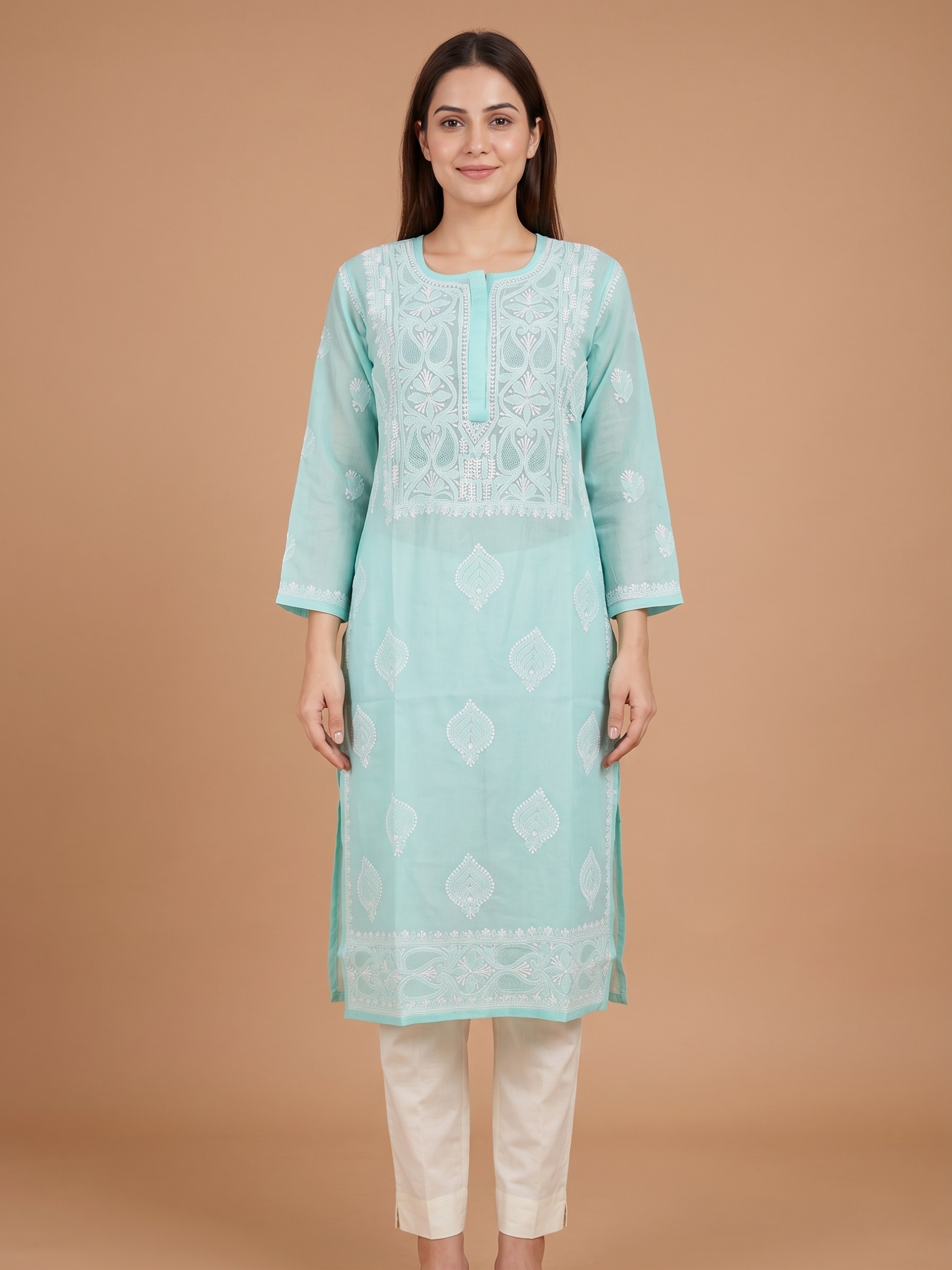 Serenity Green Jaal Embroidery Cotton chikankari Kurta