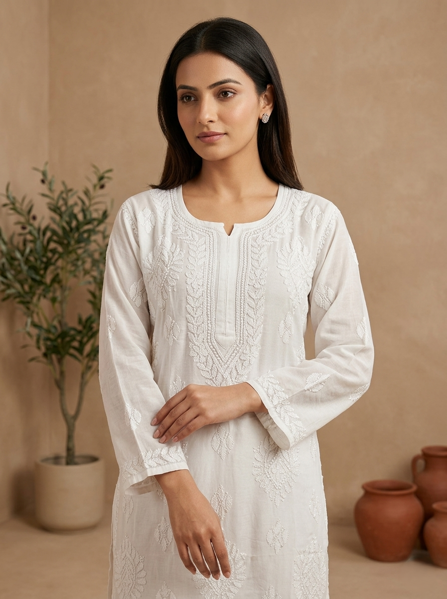 Whispering Cloud Muslin Chikankari Kurta|Resham Embroidery