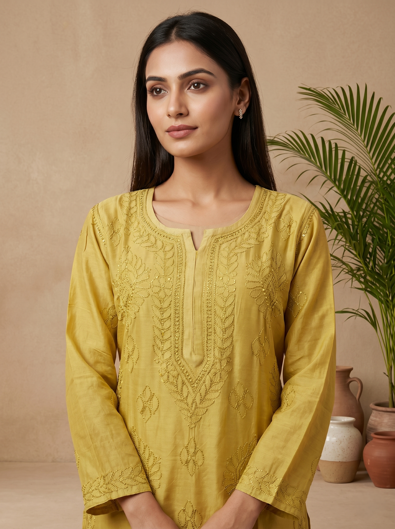 Soft Ray Yellow Muslin Chikankari Kurta|Resham Work